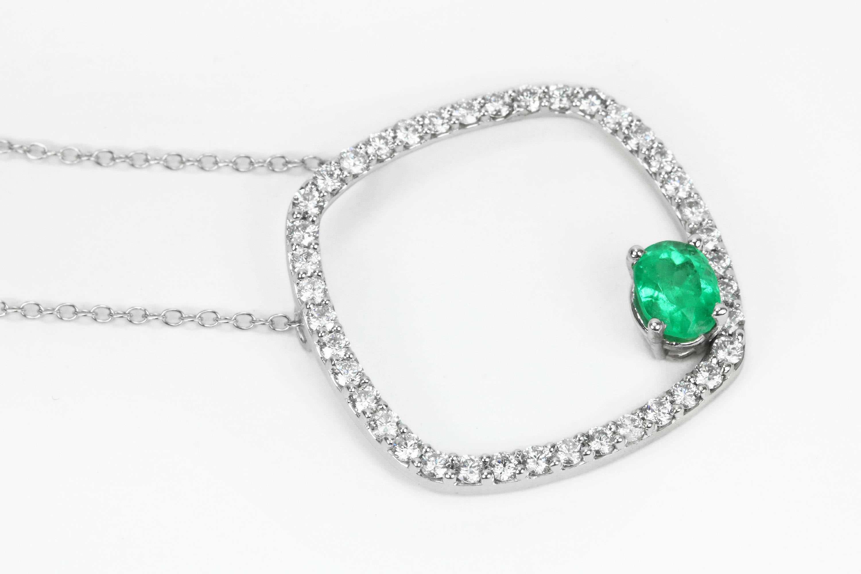 2.40tcw Floating Oval Emerald & Diamond Open Halo Necklace 14K - Image 3
