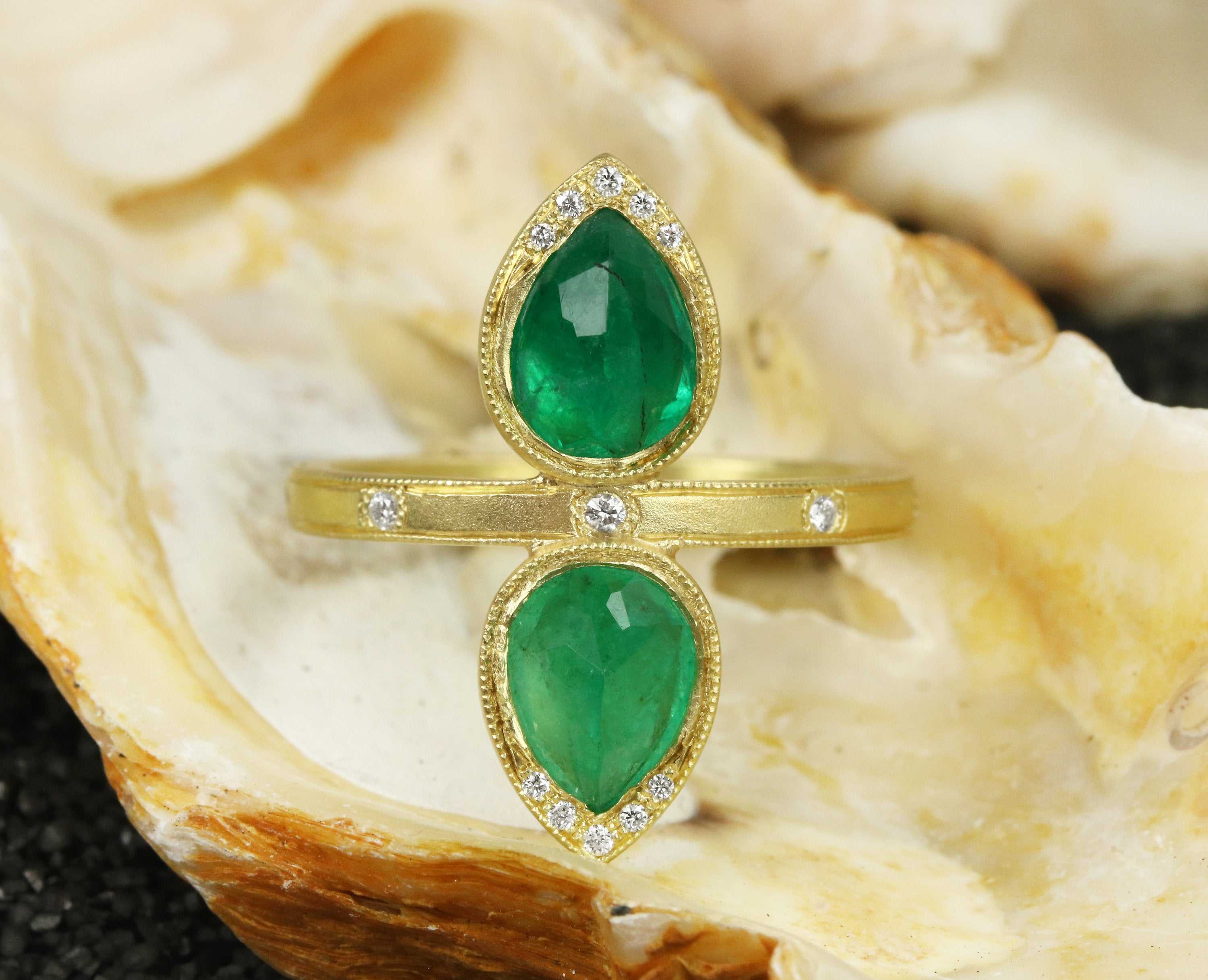2.48tcw Rose Cut Pear Earth Mined Emerald & Diamond Navette Statement Ring 18K - Image 3