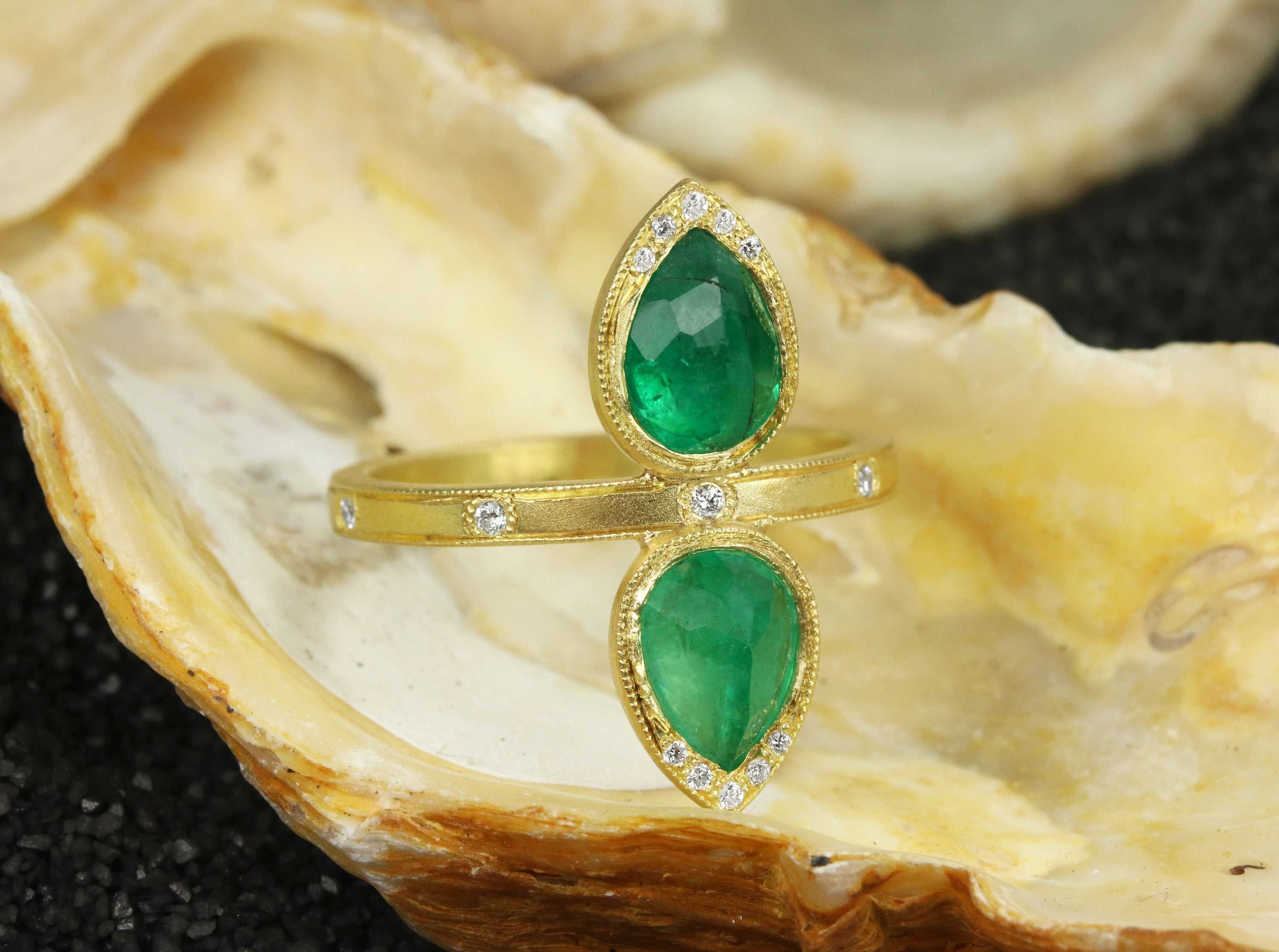2.48tcw Rose Cut Pear Earth Mined Emerald & Diamond Navette Statement Ring 18K - Image 4