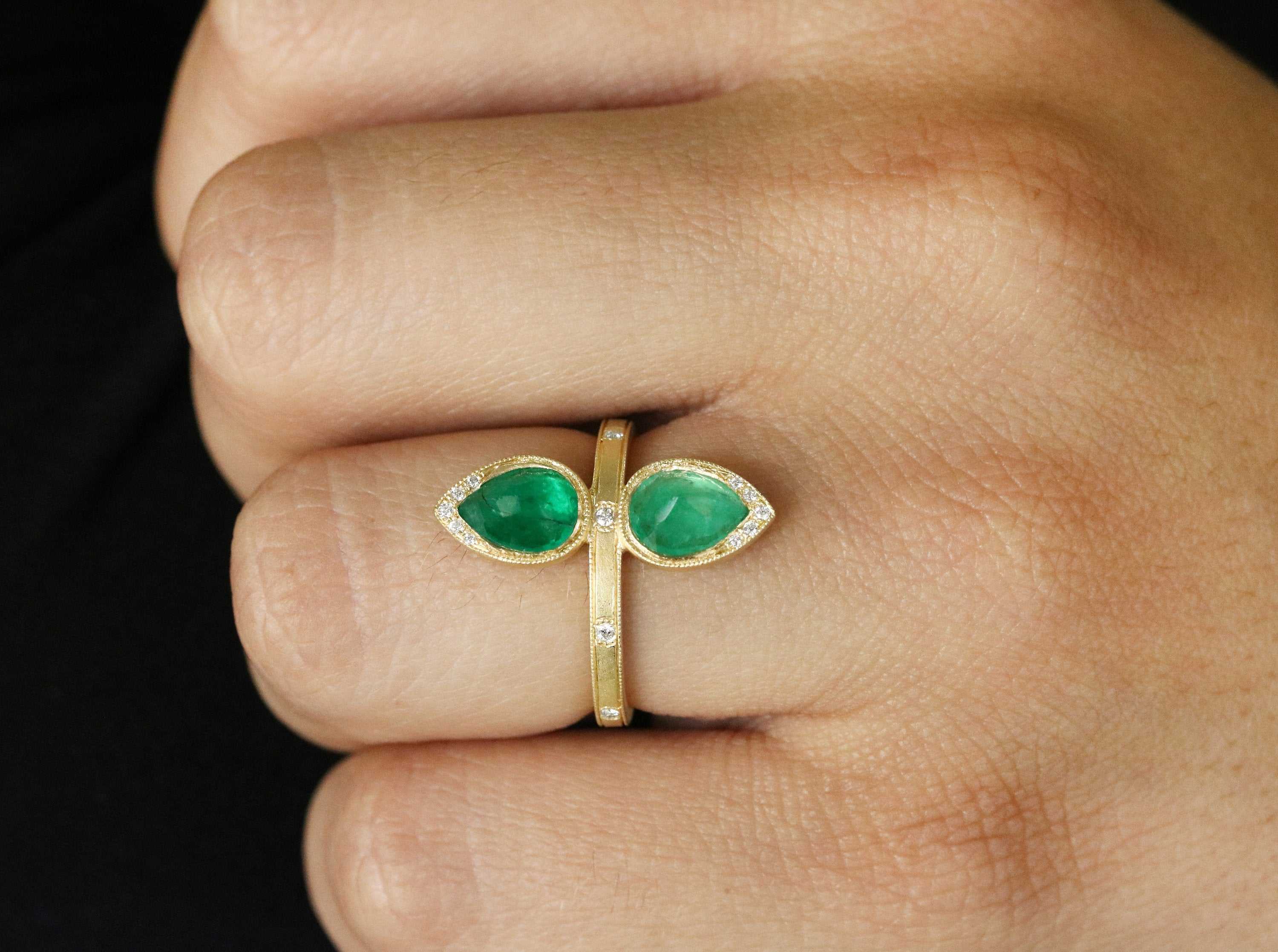 2.48tcw Rose Cut Pear Earth Mined Emerald & Diamond Navette Statement Ring 18K - Image 7