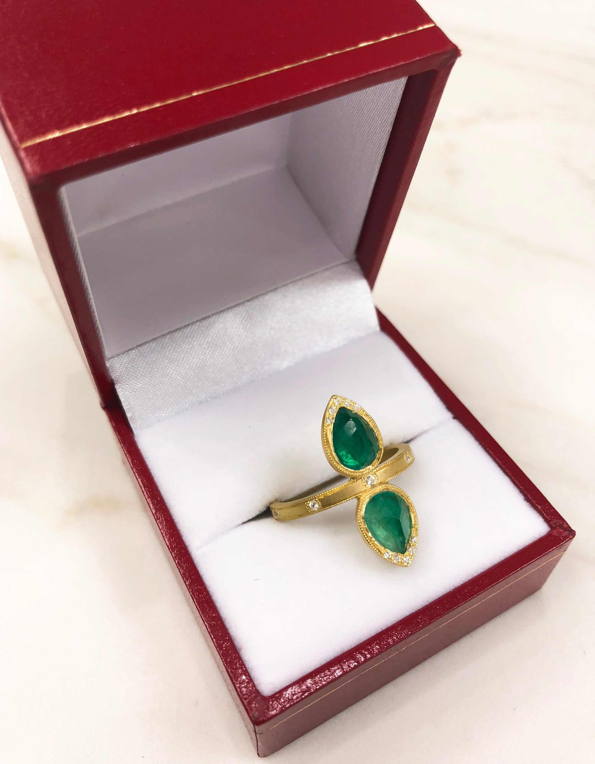 2.48tcw Rose Cut Pear Earth Mined Emerald & Diamond Navette Statement Ring 18K - Image 9