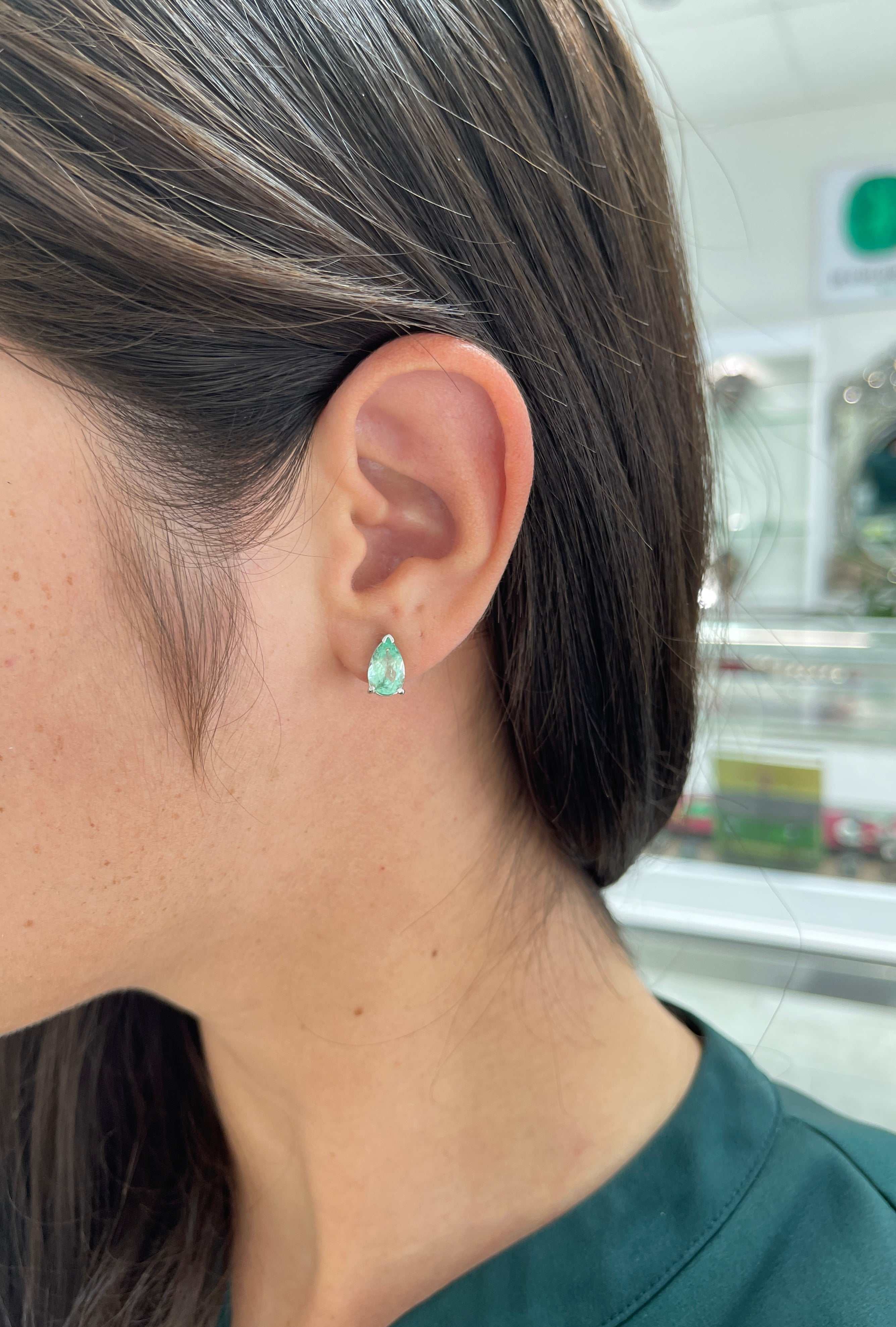 2.50tcw Light Green Emerald Tear Drop Solitaire Stud Earrings 14K - Image 3