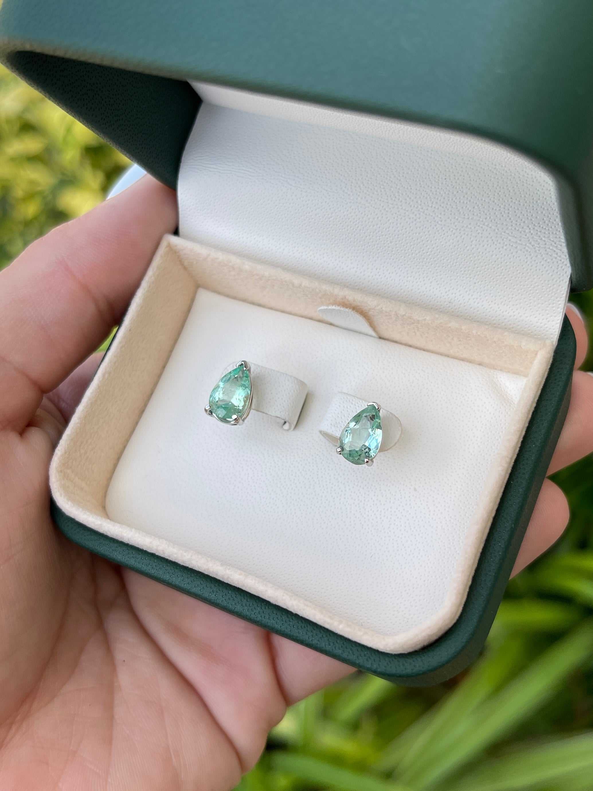 2.50tcw Light Green Emerald Tear Drop Solitaire Stud Earrings 14K - Image 5