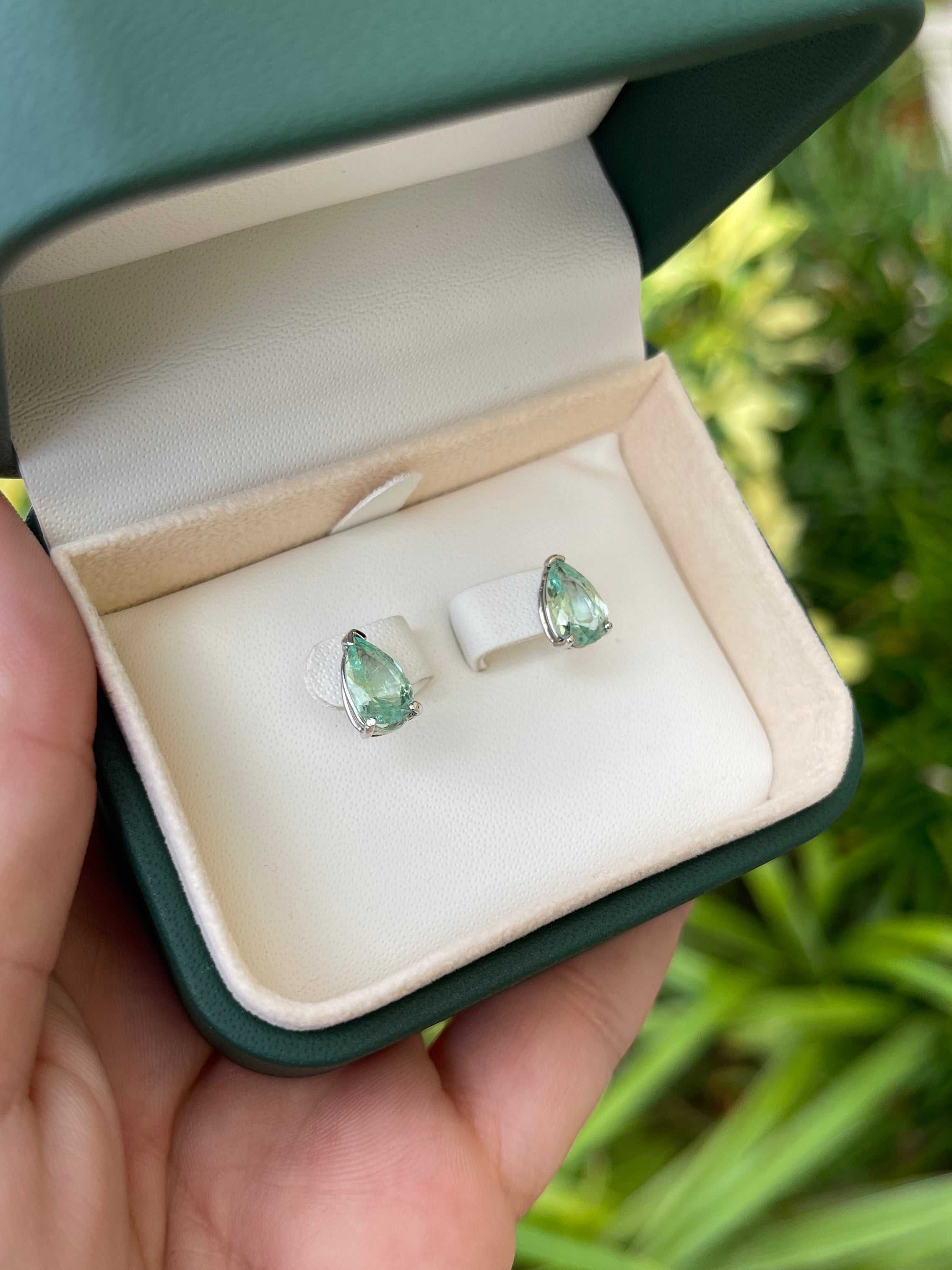 2.50tcw Light Green Emerald Tear Drop Solitaire Stud Earrings 14K - Image 6