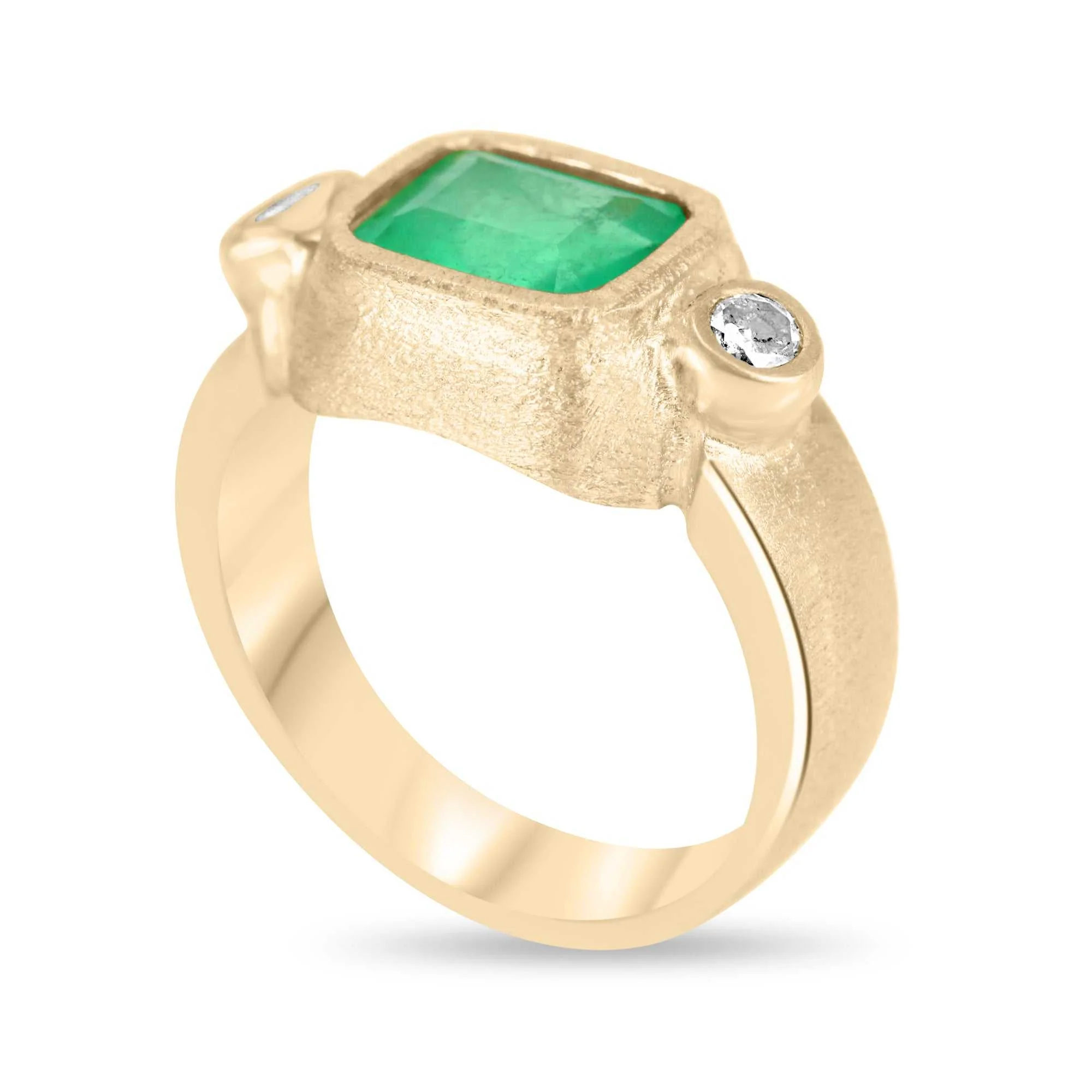 2.70tcw Colombian Emerald & Diamond Three Stone Bezel Ring 18K - Image 3