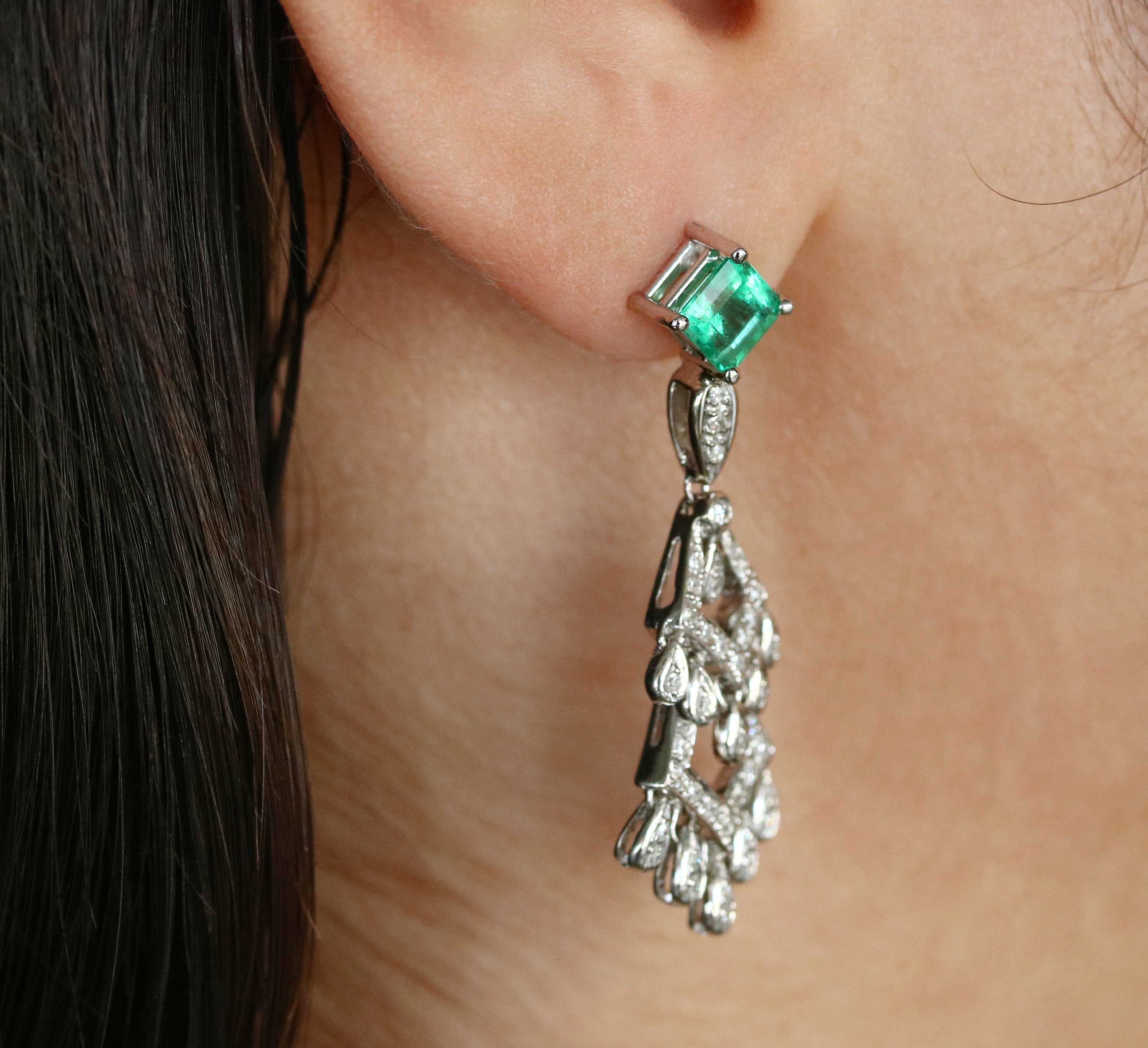 2.75tcw Emerald & Diamond Chandelier Dangle Earrings 14K - Image 6