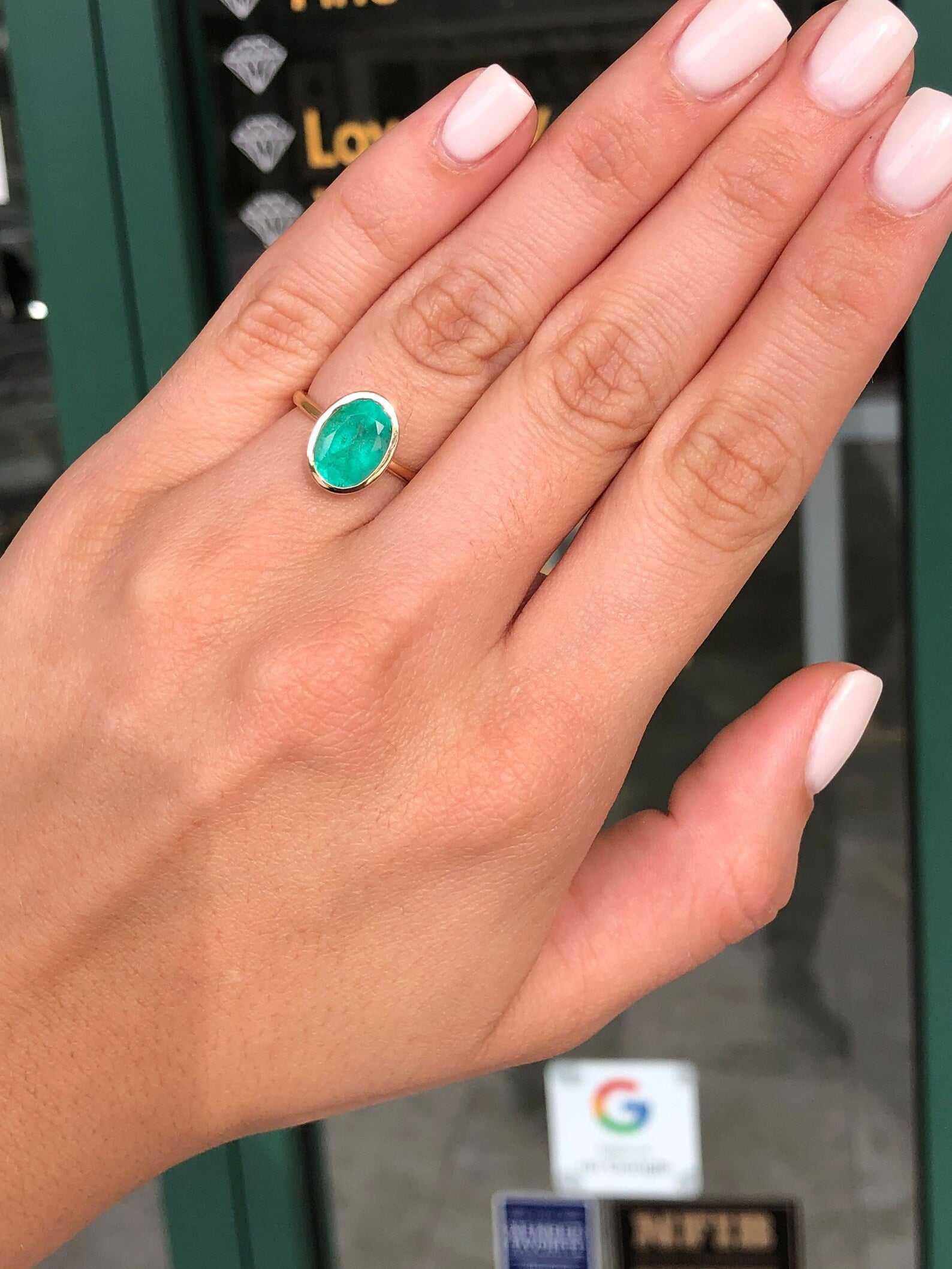 3.0 Carat Bezel Set Oval Cut Emerald Bezel Set Ring 14K - Image 3