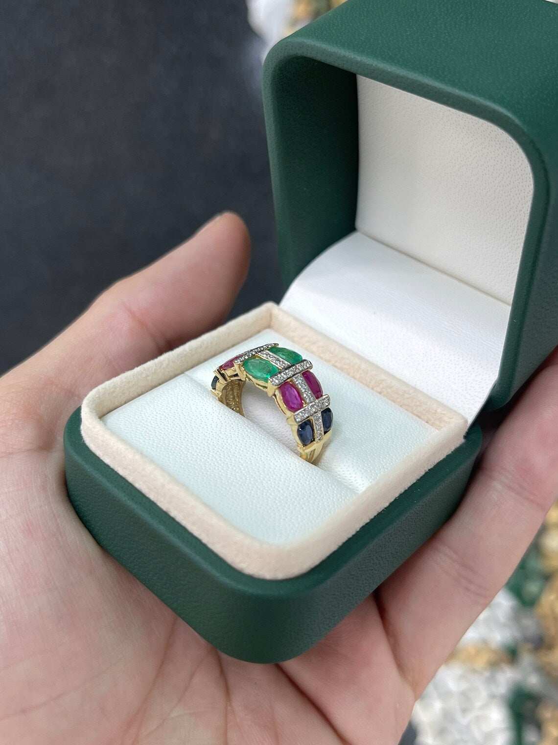 3.15 Carat Multi Gemstone Oval Emerald Ruby Sapphire Diamond Ring - Image 4