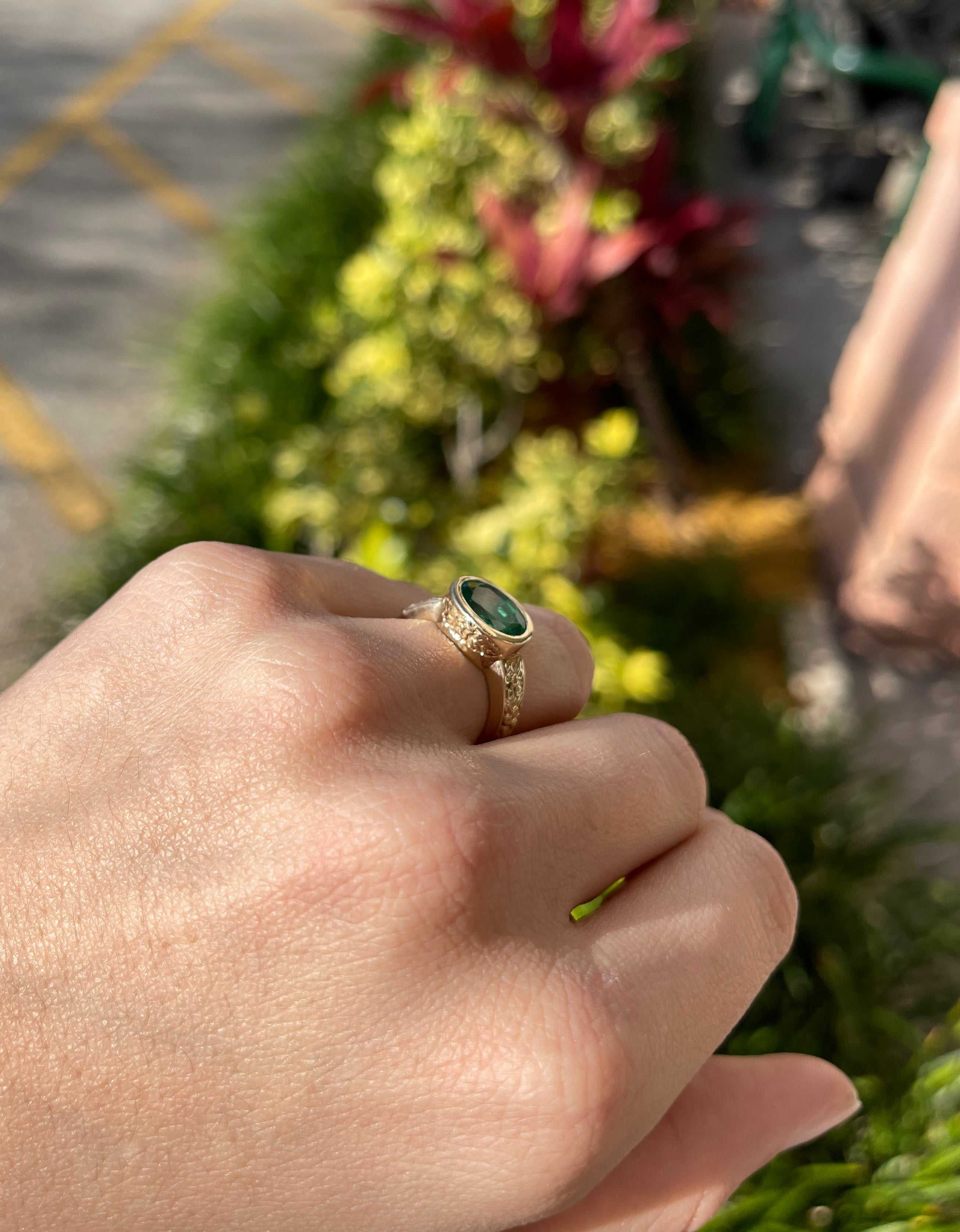 3.20 Carat East-West Oval Emerald Bezel Set Solitaire Floral Ring - Image 6