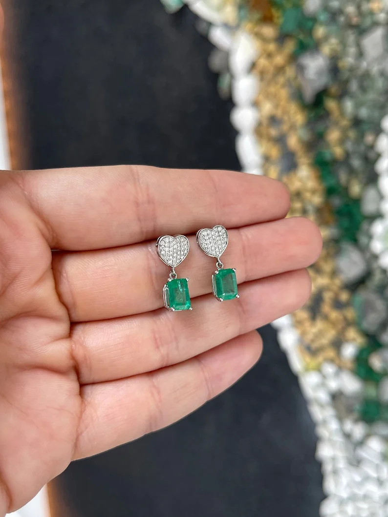 3.20tcw 14K Natural Rich Medium Green Emerald & Diamond Heart Cluster Dangle Earrings - Image 4