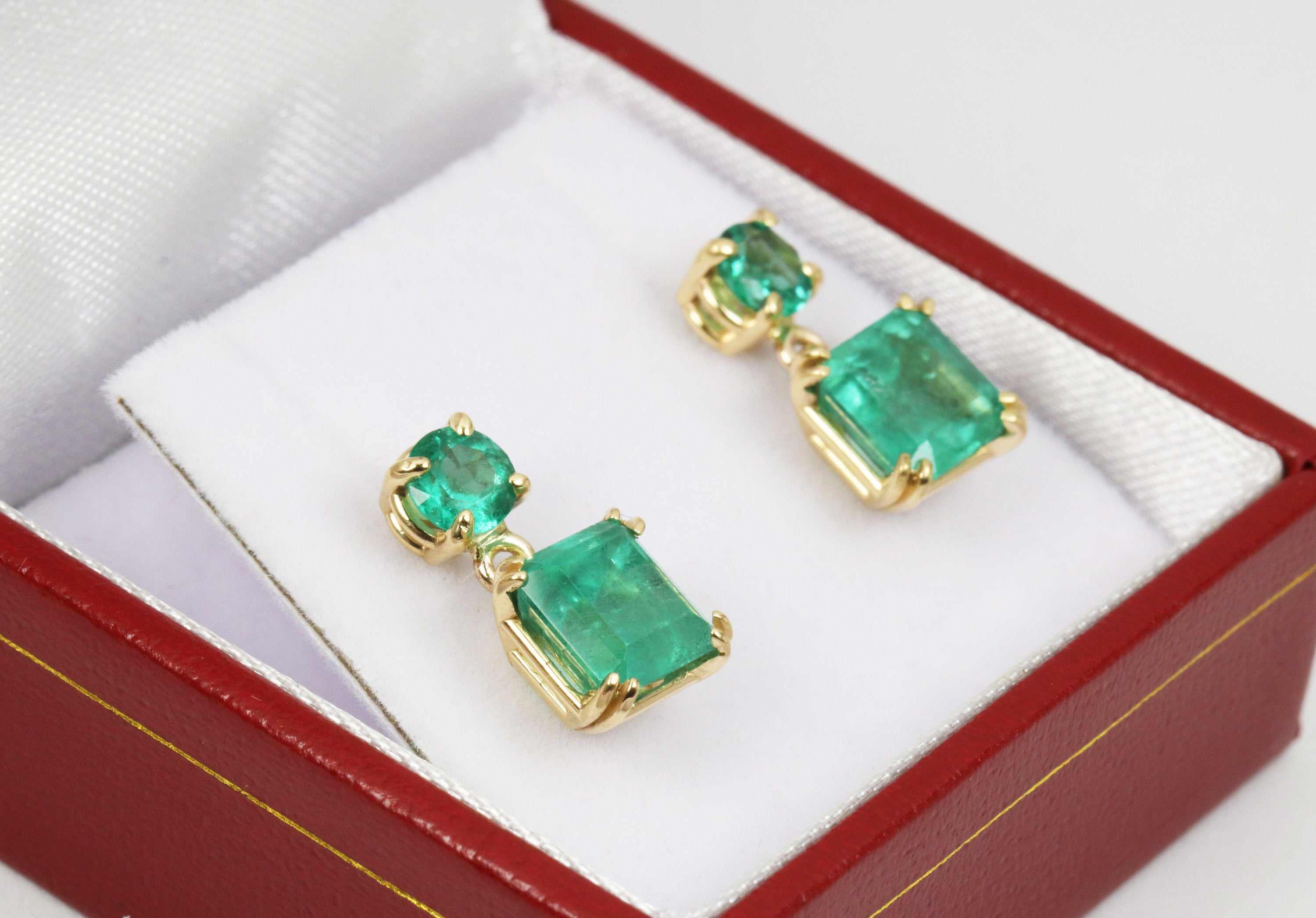 3.20tcw Natural Rich Green Emerald Asscher and Round Dangle Stud Earrings 14K - Image 5