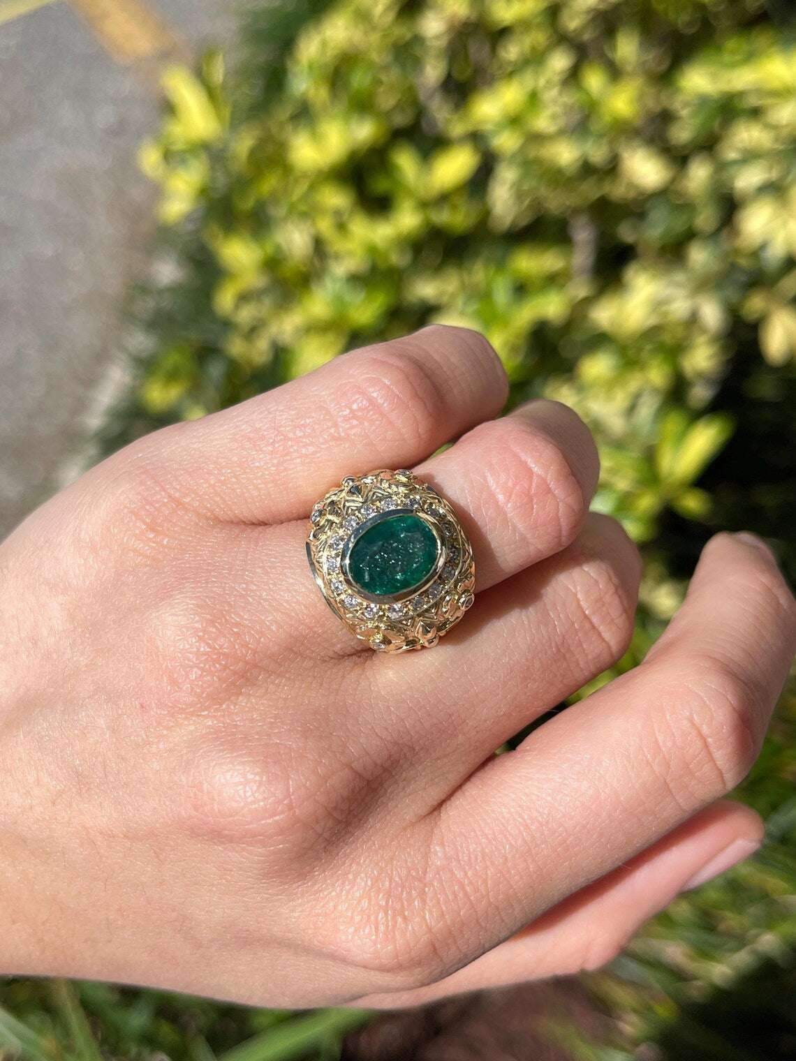 3.23tcw Floral Oval Emerald Features Diamond Halo in Bold Statement Ring 14K - Image 6