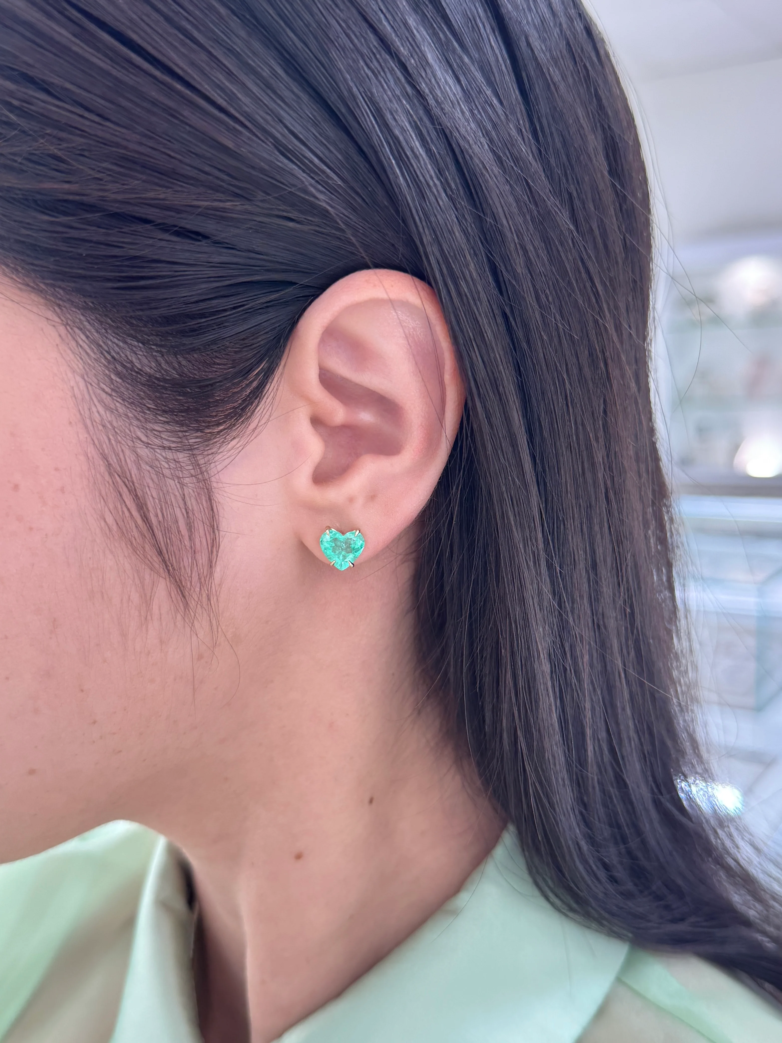 3.24tcw Matching Pair Green Natural Colombian Emerald Hearts Stud Earrings 14K - Image 12