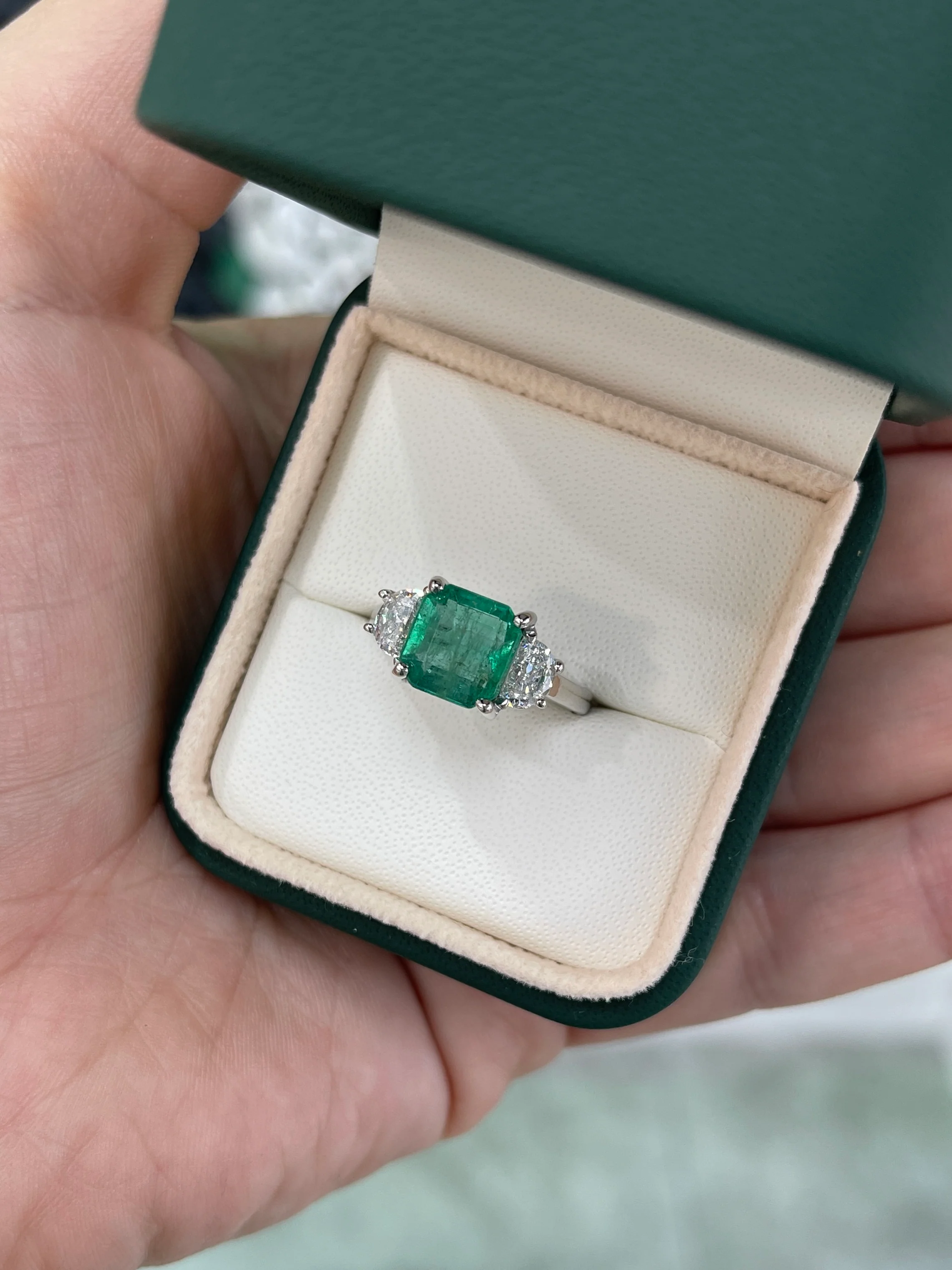 3.25tcw Natural Emerald & Lab Half Moon Diamond 14K Three Stone Ring White Gold - Image 8