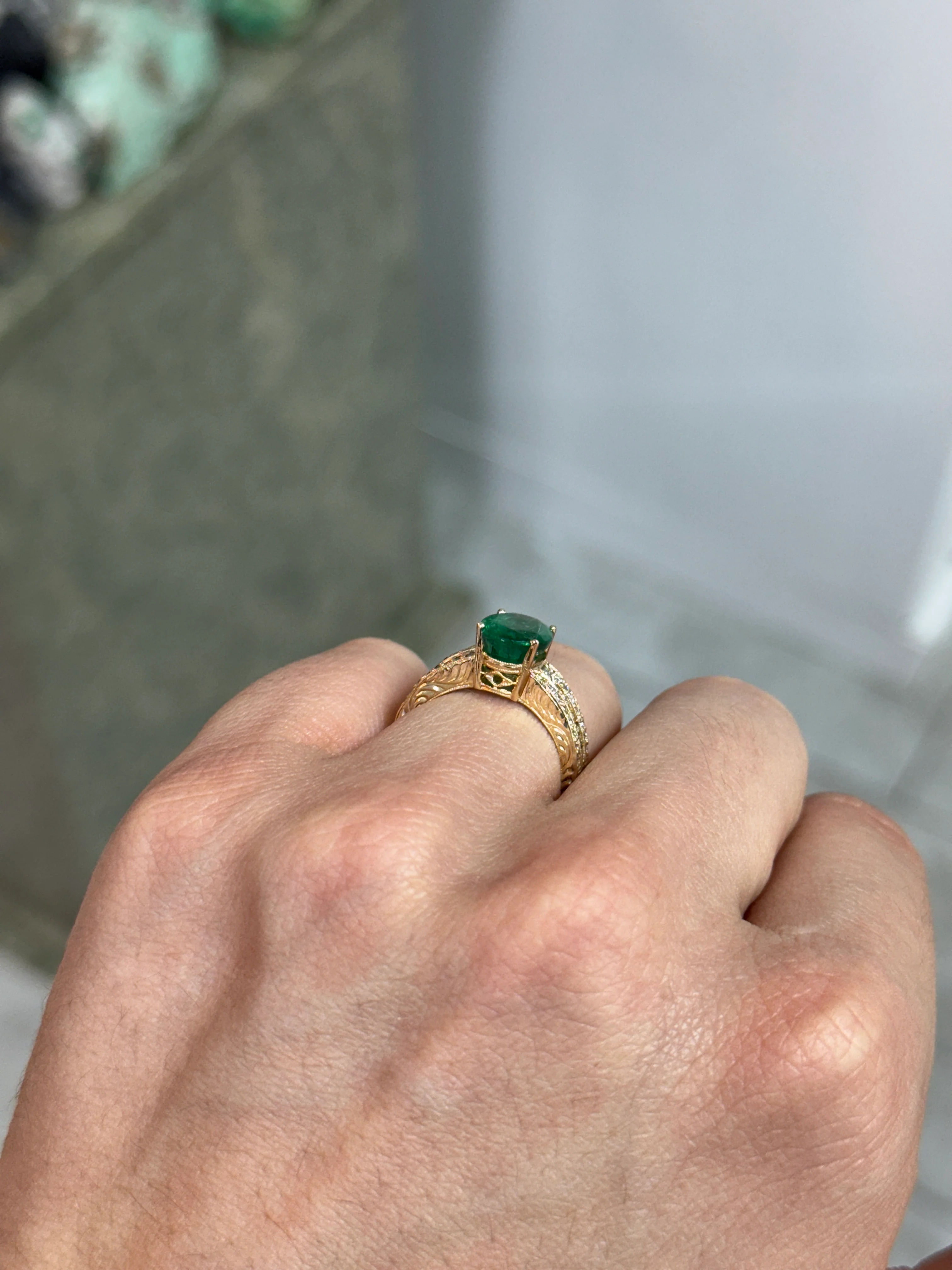 3.25tcw Natural Oval Emerald & Diamond Accented Hand Etched Engagement Ring 18K - Image 7