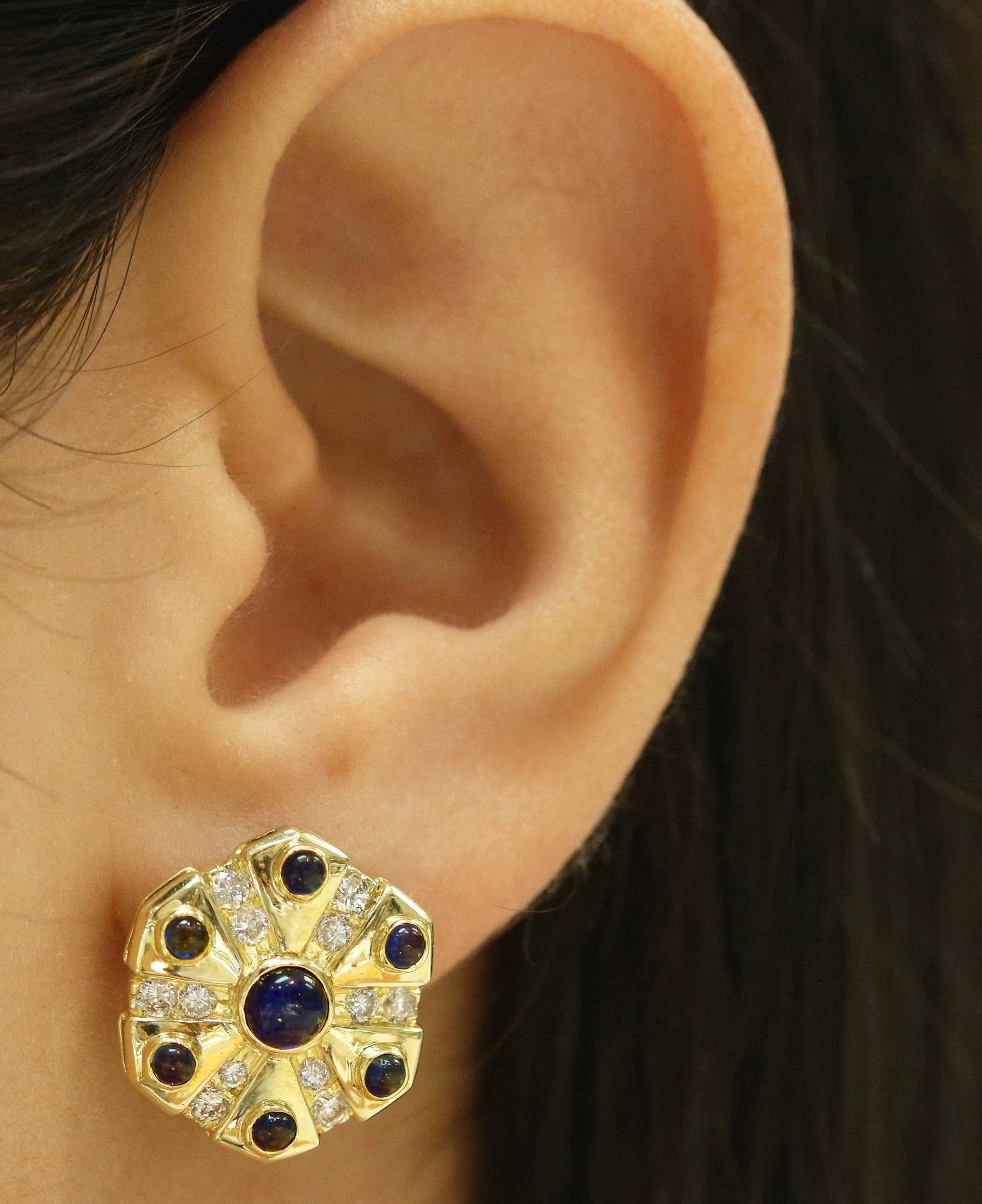 3.30tcw Sapphire Cabochon & Diamond Disc Earrings 18K - Image 3