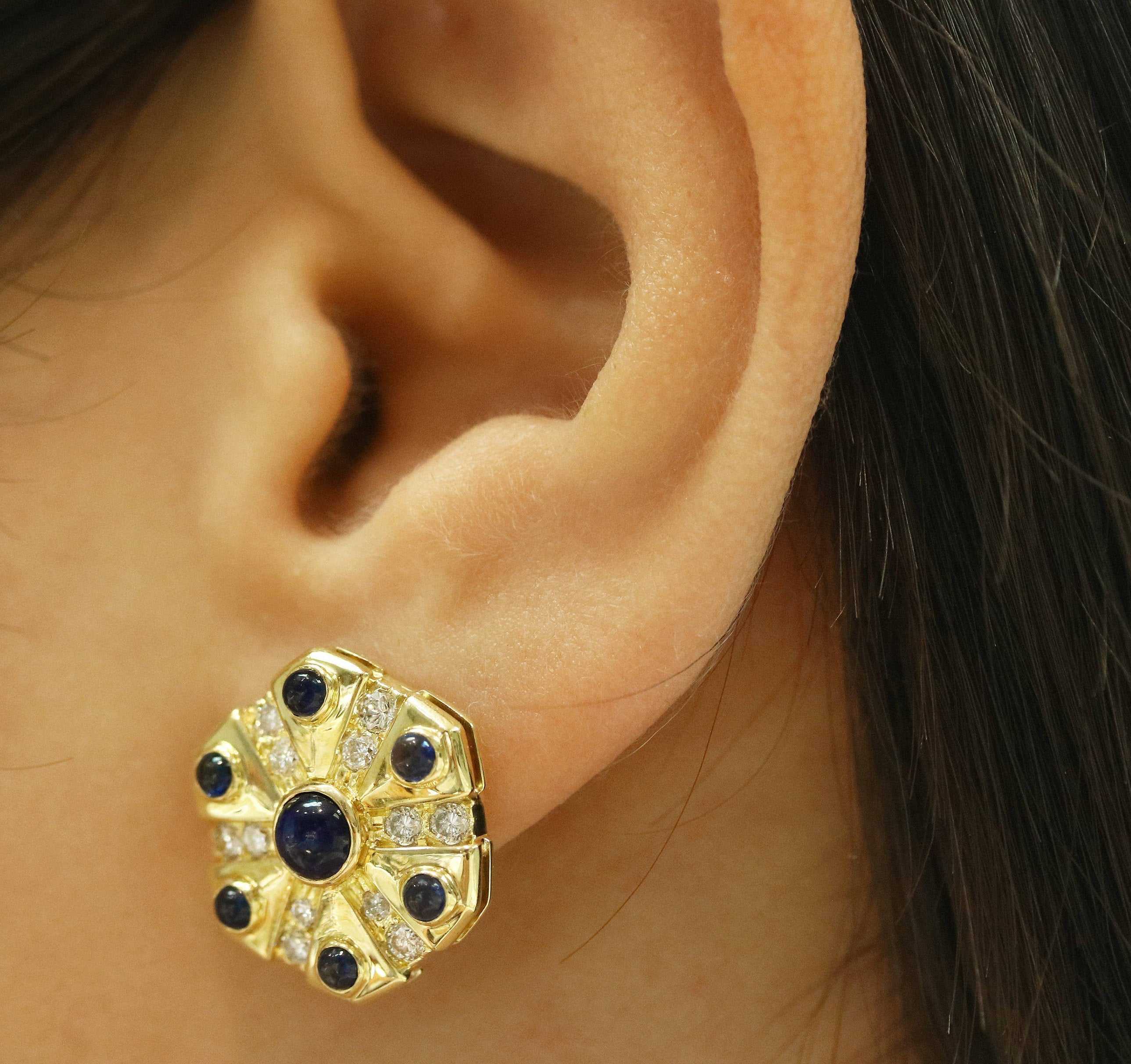 3.30tcw Sapphire Cabochon & Diamond Disc Earrings 18K - Image 4