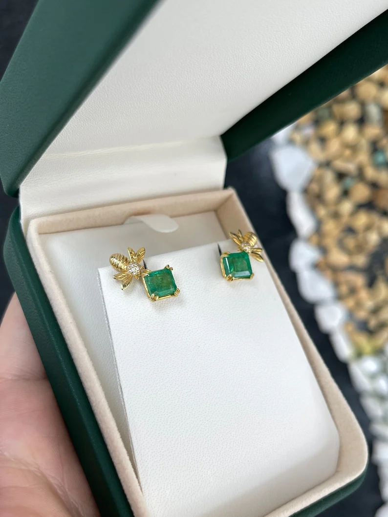3.65tcw 14K Gold Emerald Asscher Cut Unique Bee Ear Climber Stud Earrings - Image 7