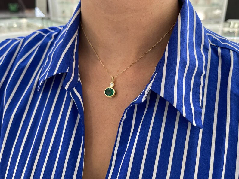 3.70tcw Rich Dark Green Oval Emerald & Brilliant Round Diamond Accent Pendant 14K - Image 8