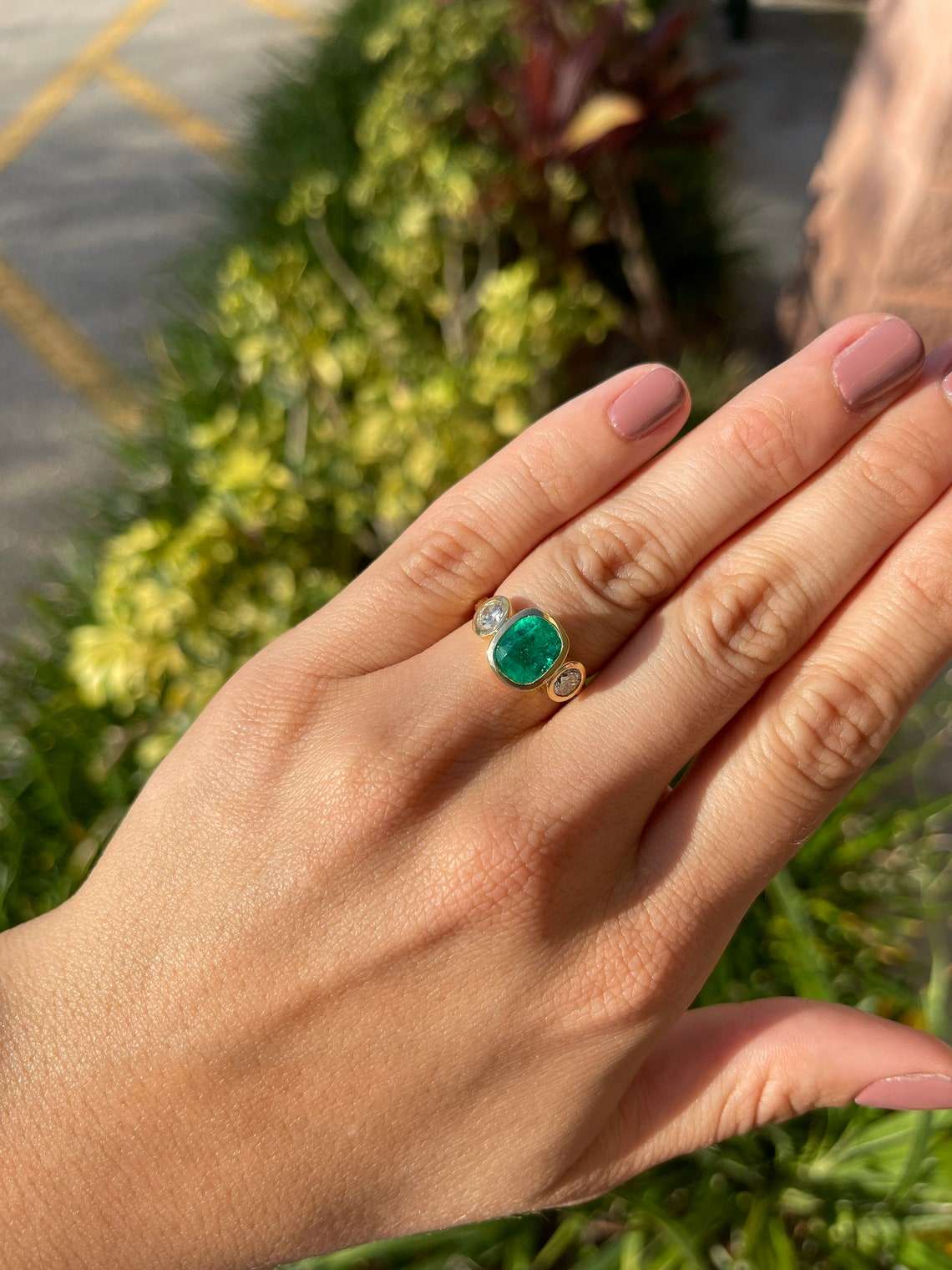 4.02tcw 18K Three Stone Cushion Emerald & Diamond Ring - Image 4