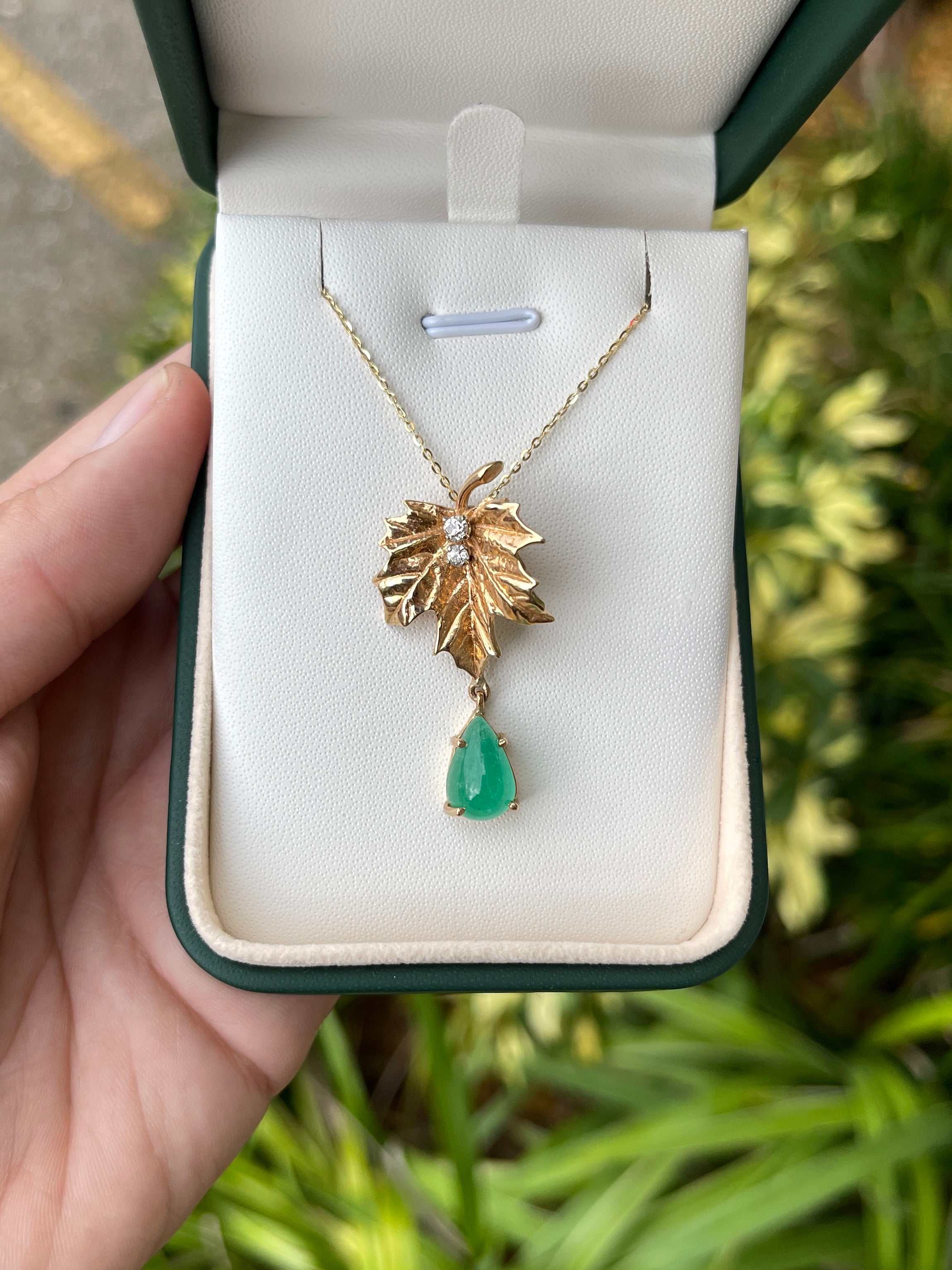 4.05tcw Maple Leaf Emerald & Diamond 14K Unique Drop Pendant - Image 2