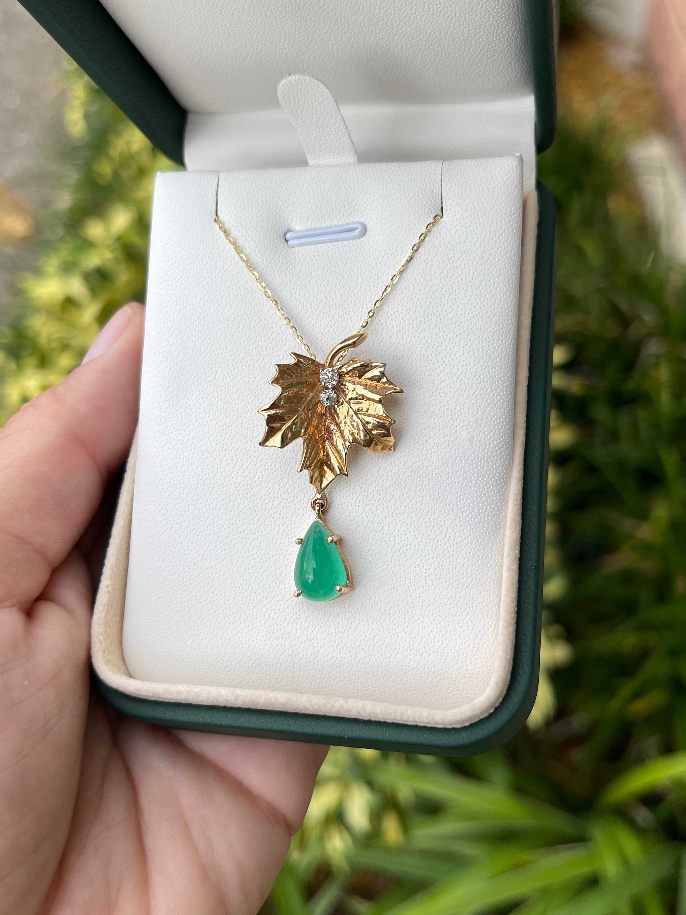 4.05tcw Maple Leaf Emerald & Diamond 14K Unique Drop Pendant - Image 3