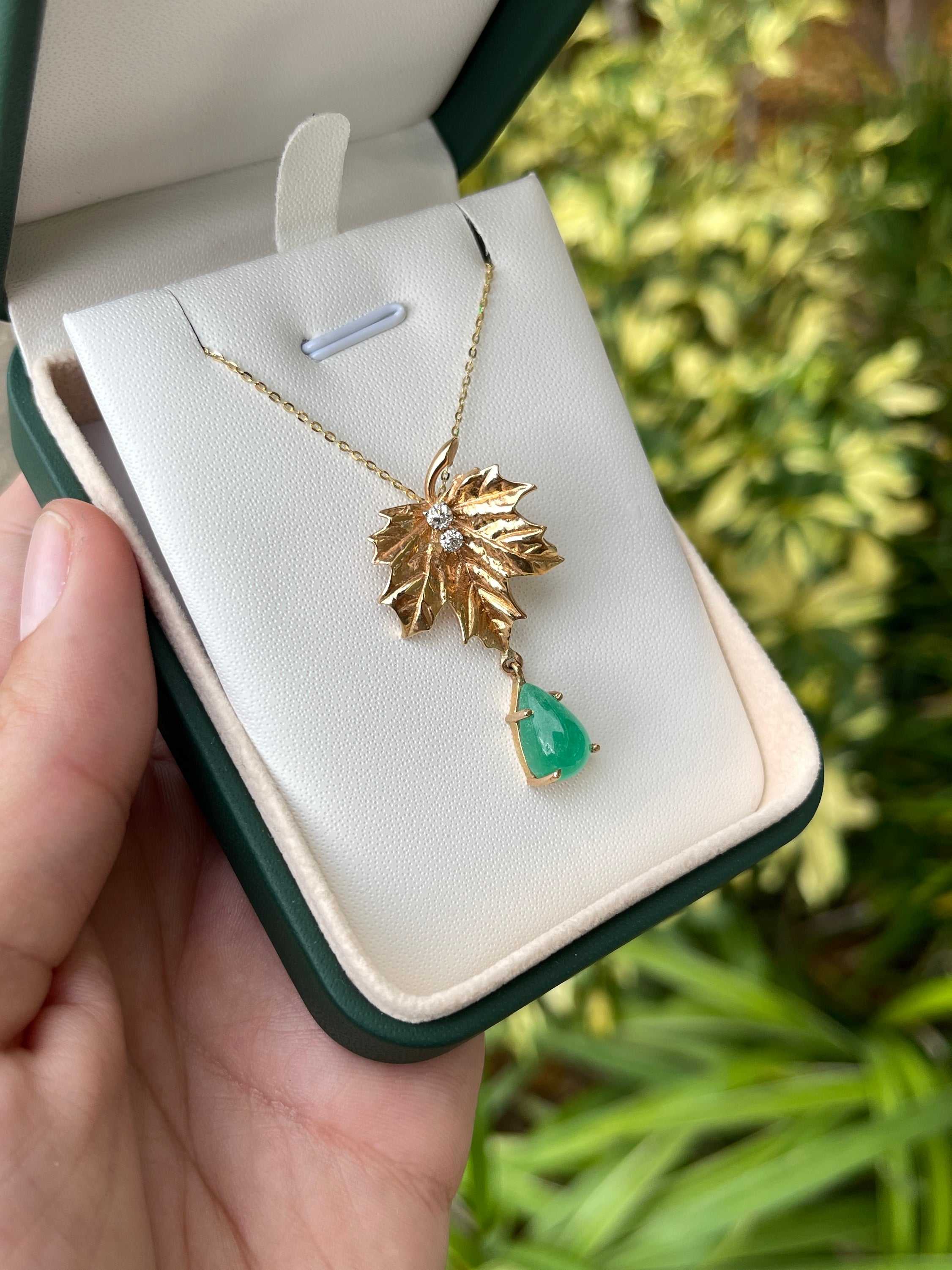 4.05tcw Maple Leaf Emerald & Diamond 14K Unique Drop Pendant - Image 4