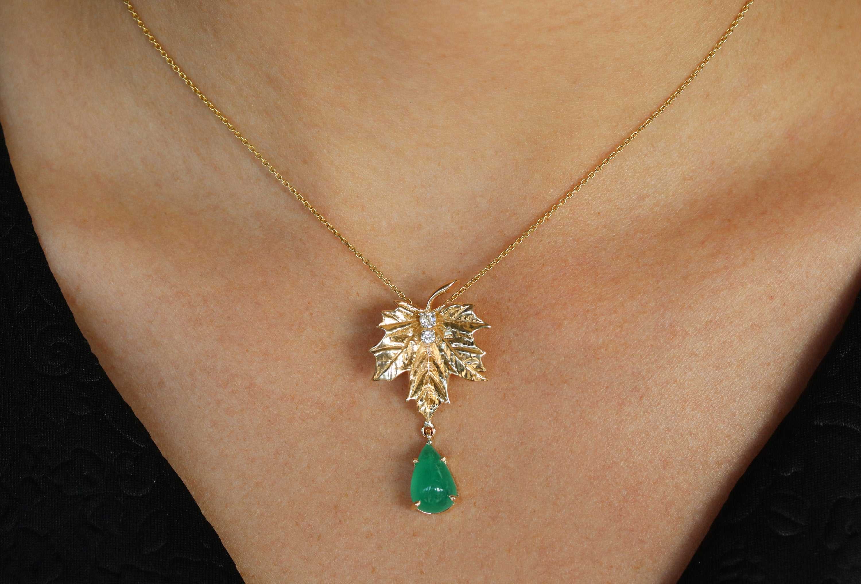 4.05tcw Maple Leaf Emerald & Diamond 14K Unique Drop Pendant - Image 8