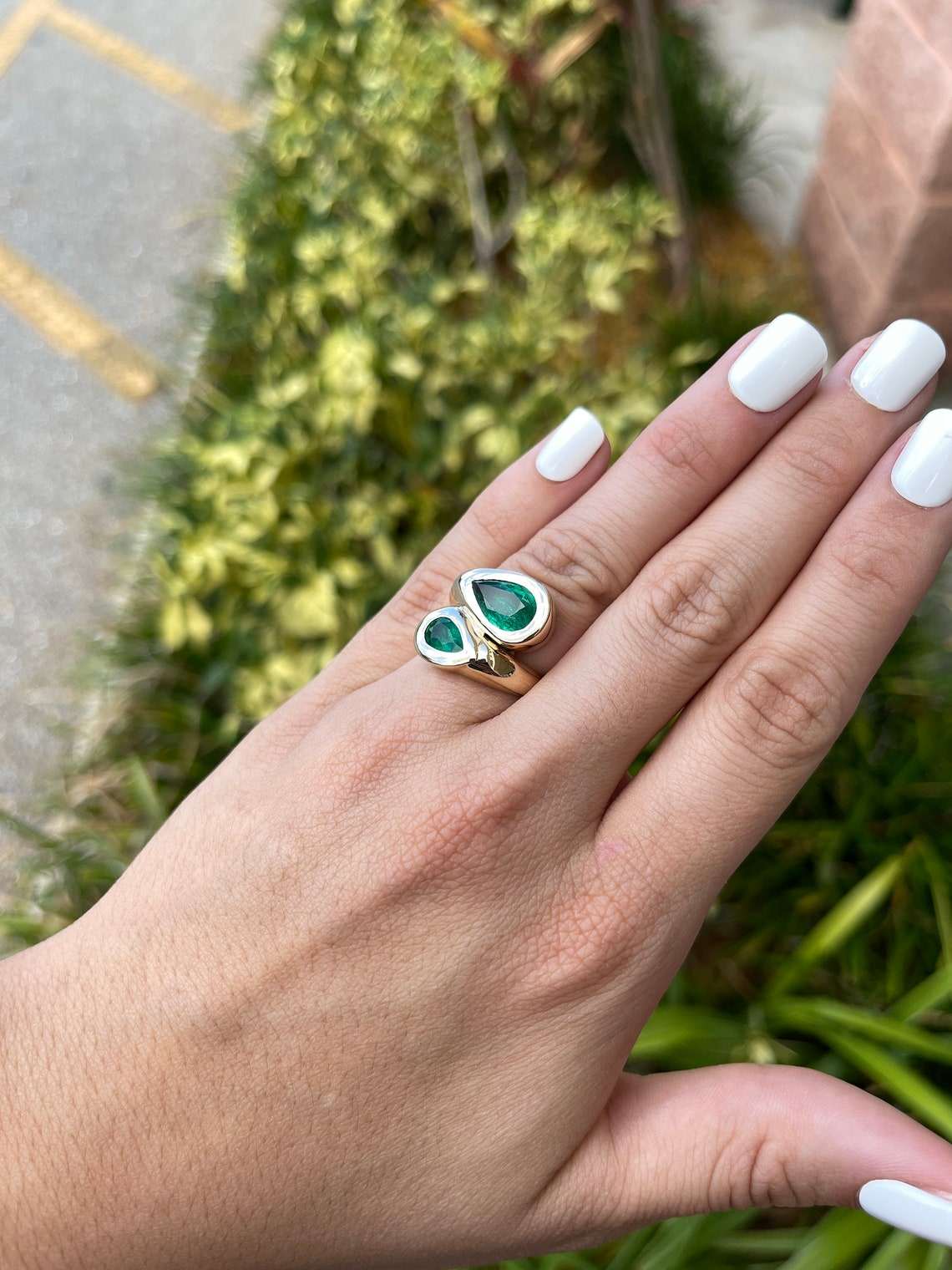 4.08tcw Genuine Dark AAA Quality Pear Emerald Bypass Gold Anniversary Ring 14K - Image 6