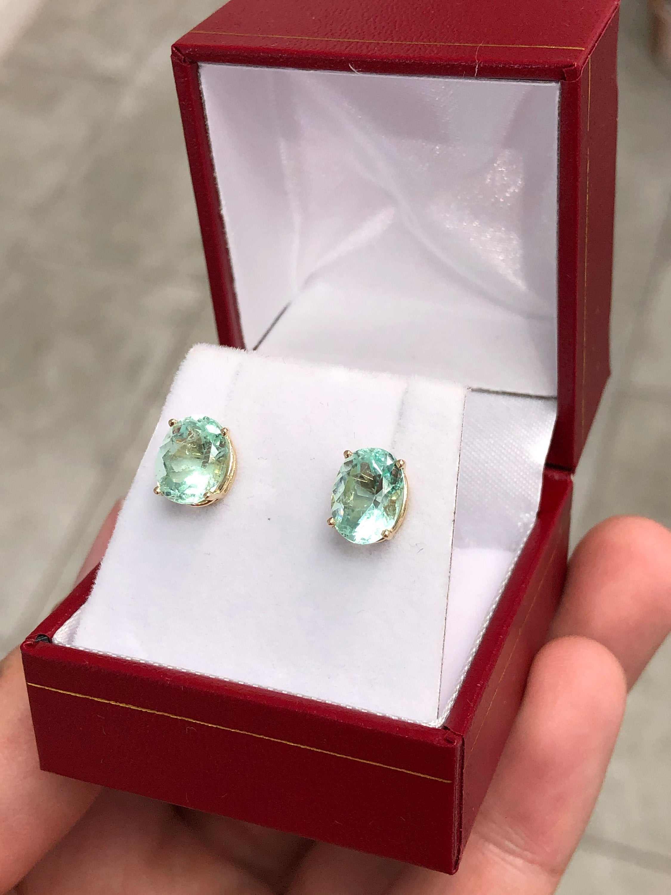 4.09tcw Light Green Emerald Oval Cut Stud Earrings May Birthstone 14K - Image 8