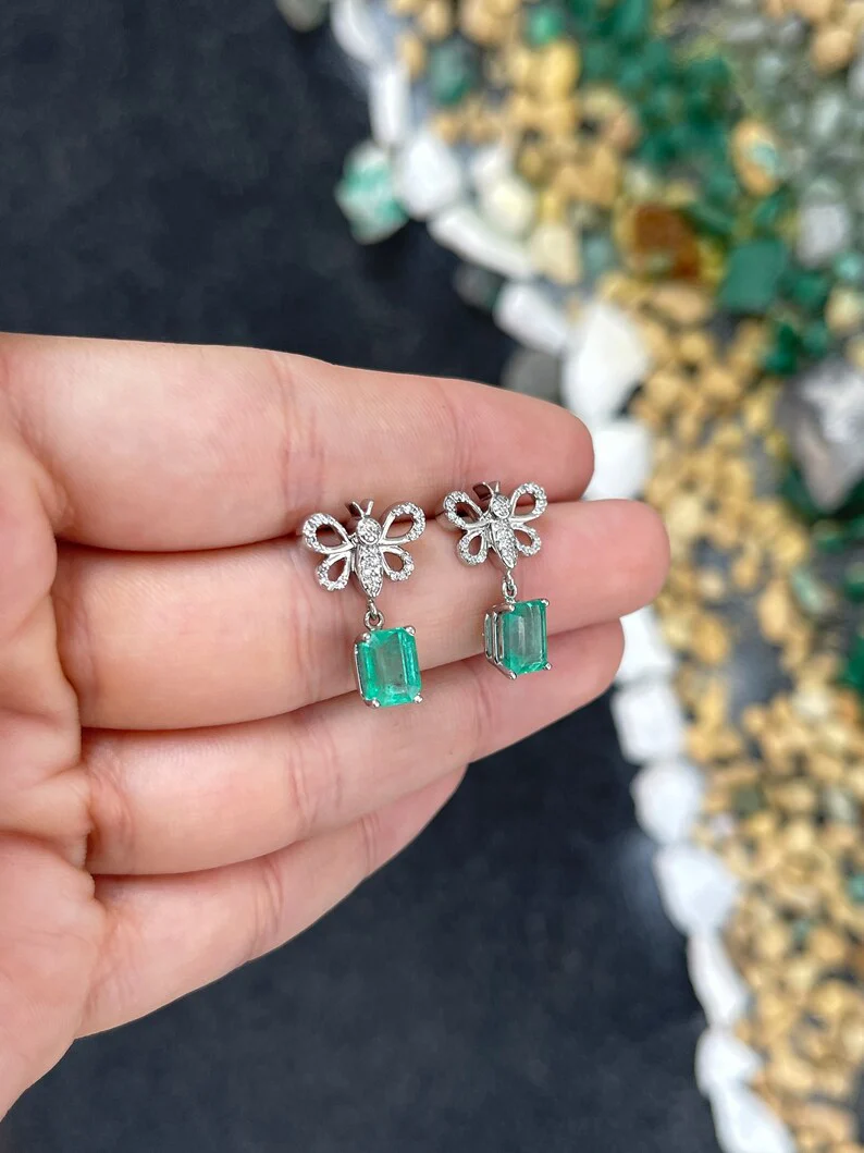 4.10tcw 14K Gold Lush Medium Green Emerald Pave Diamond Butterfly Dangle Earrings - Image 3