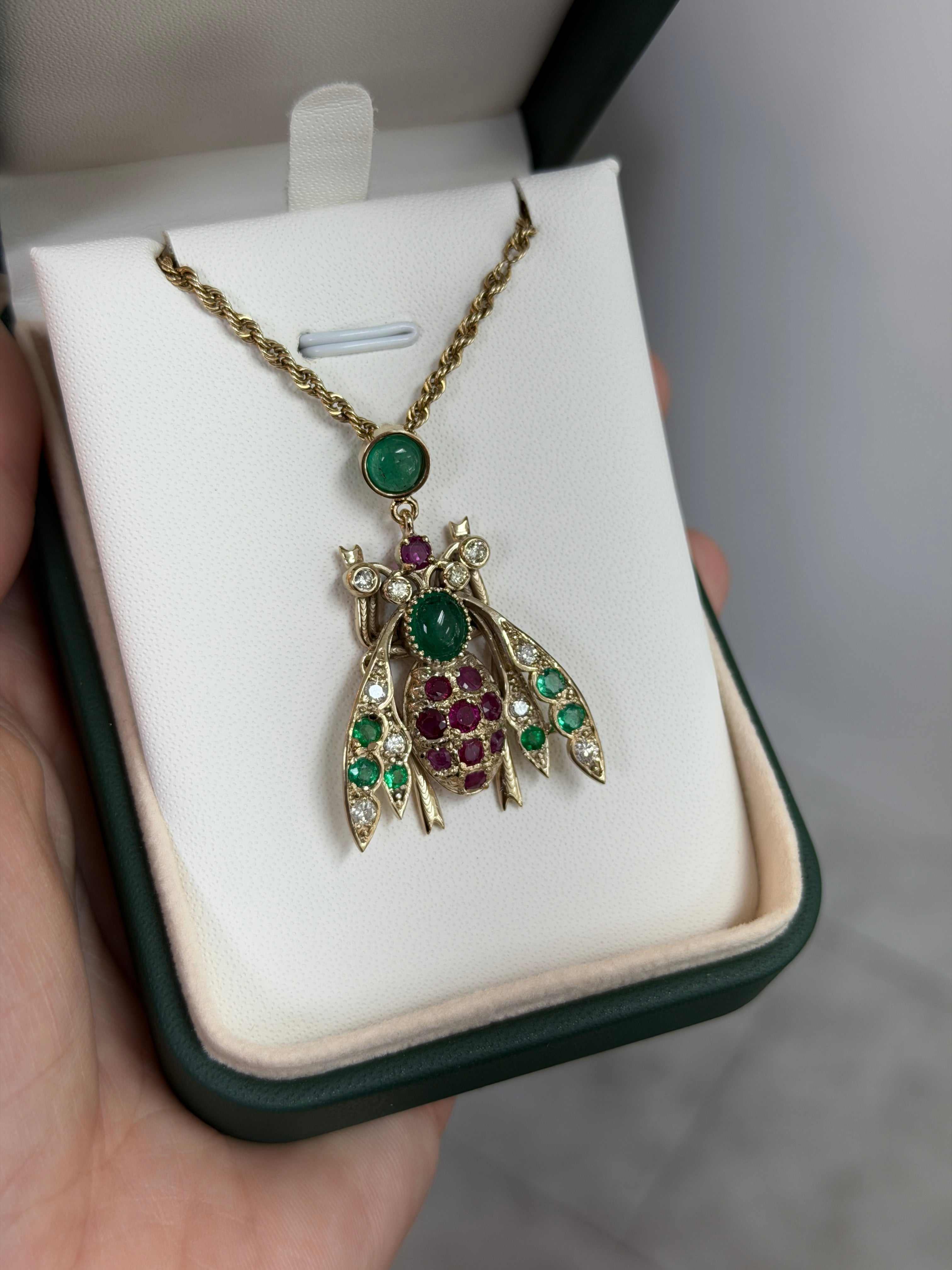 4.14tcw Emerald Ruby Diamond Bug Bee Insect Pendant 14K - Image 3