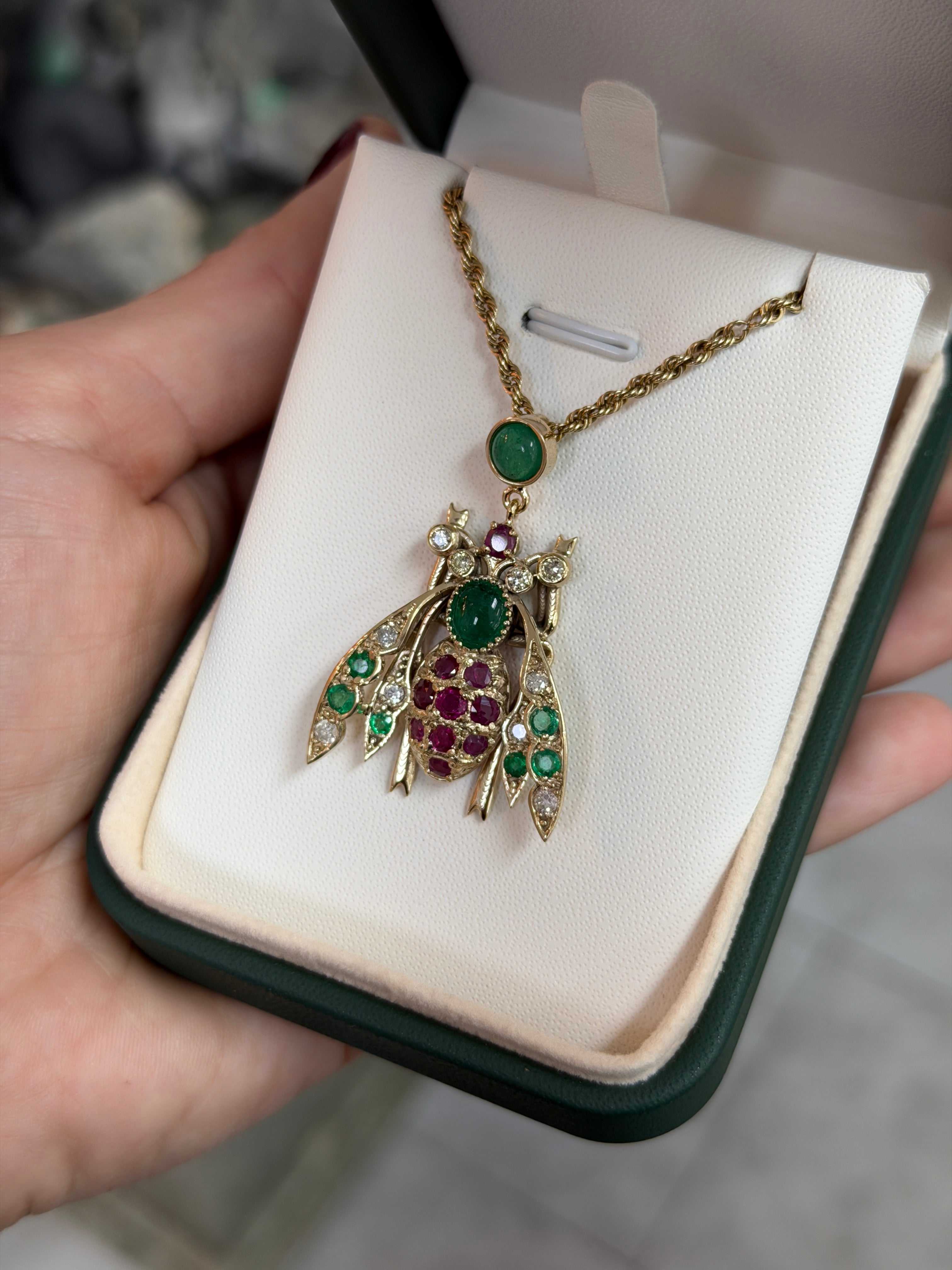 4.14tcw Emerald Ruby Diamond Bug Bee Insect Pendant 14K - Image 4