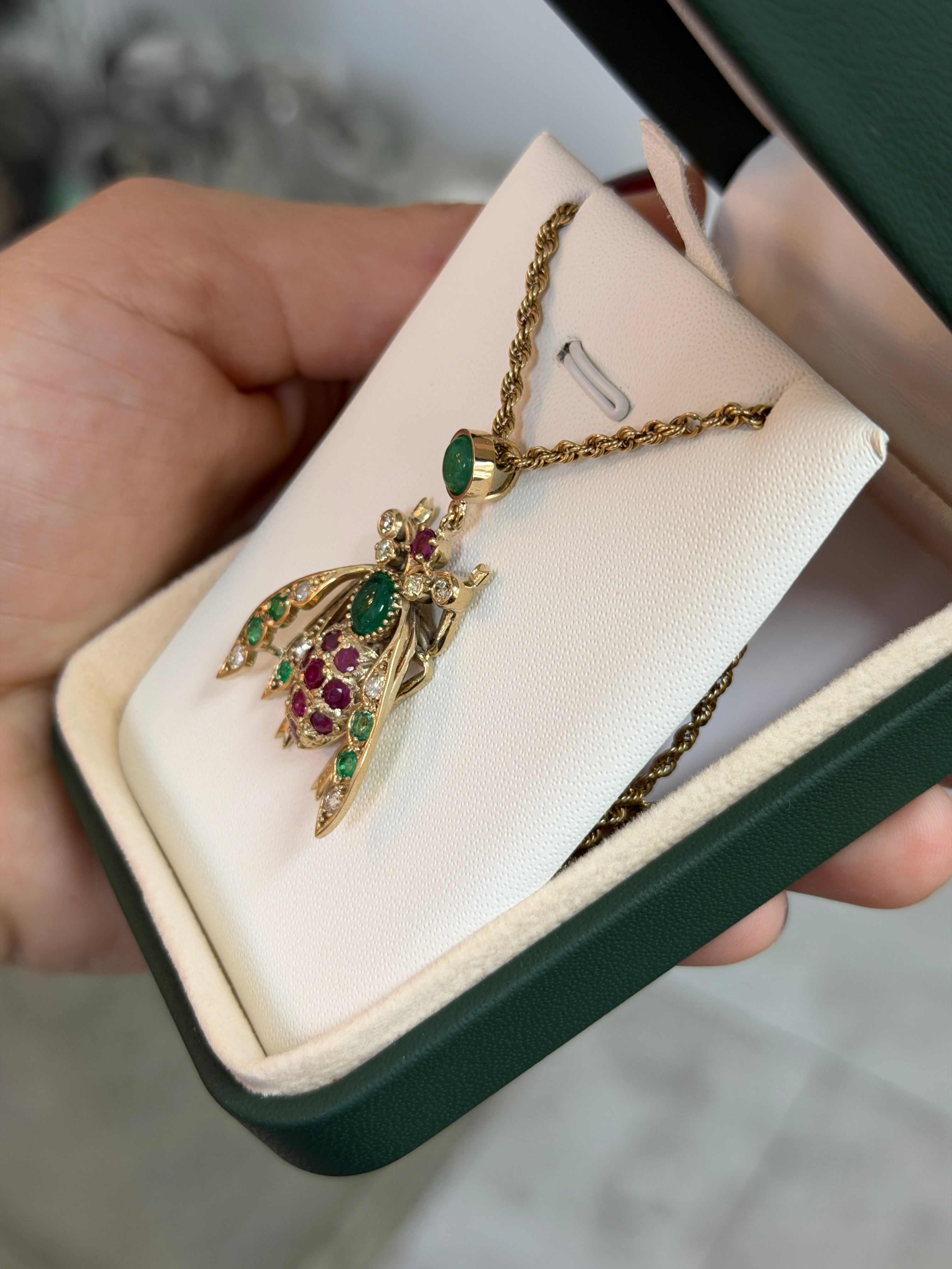 4.14tcw Emerald Ruby Diamond Bug Bee Insect Pendant 14K - Image 5