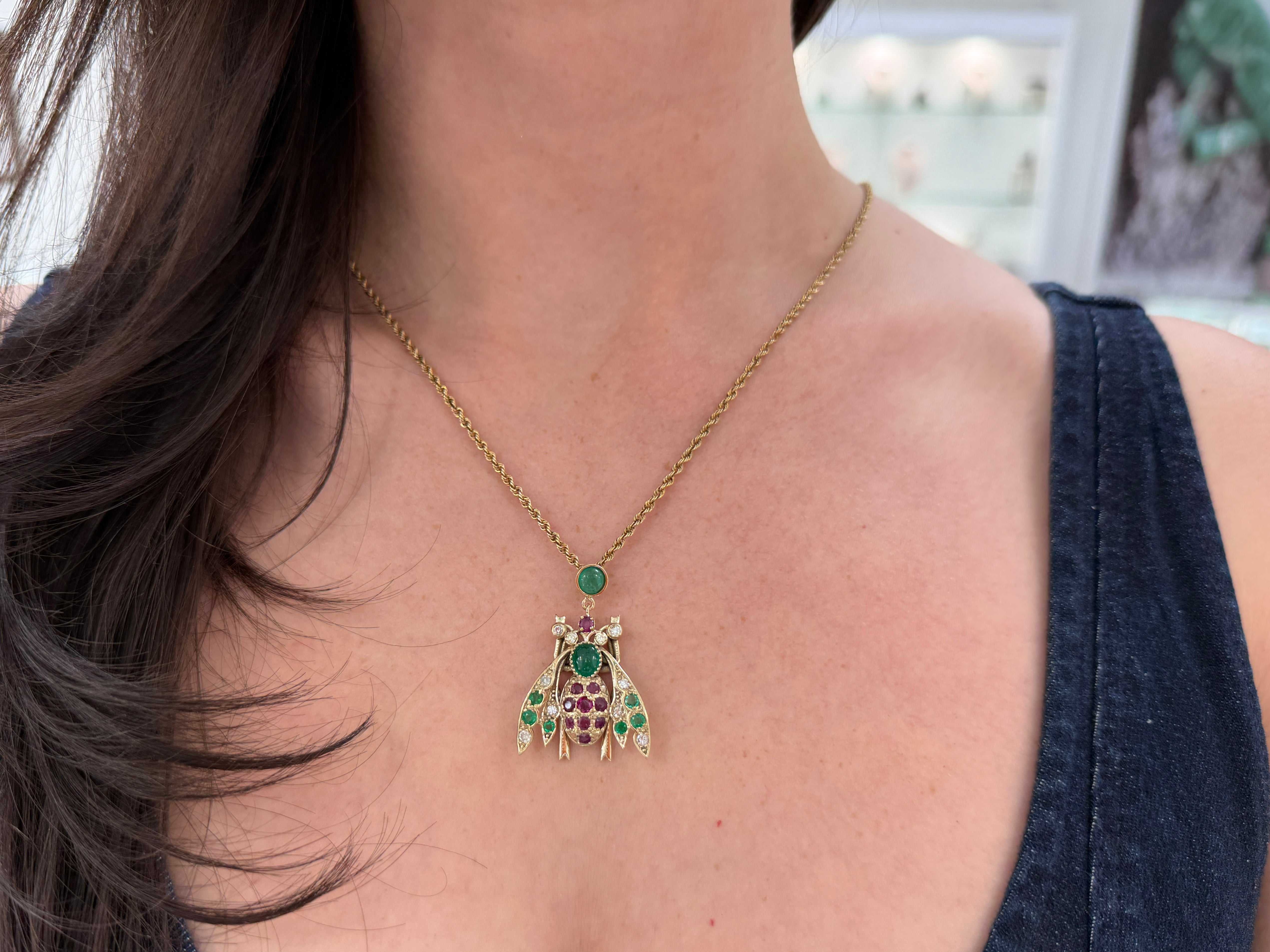 4.14tcw Emerald Ruby Diamond Bug Bee Insect Pendant 14K - Image 6