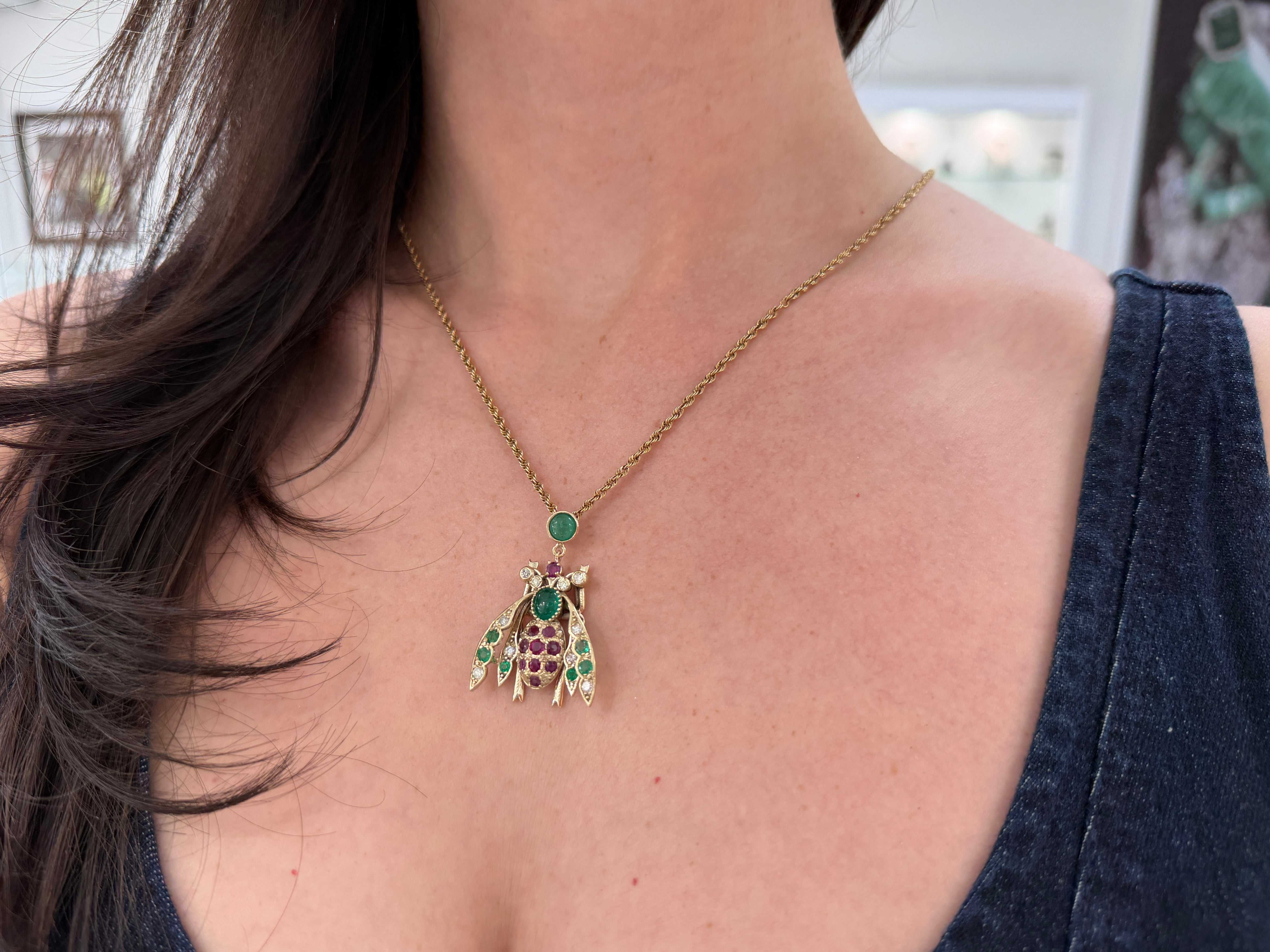 4.14tcw Emerald Ruby Diamond Bug Bee Insect Pendant 14K - Image 7