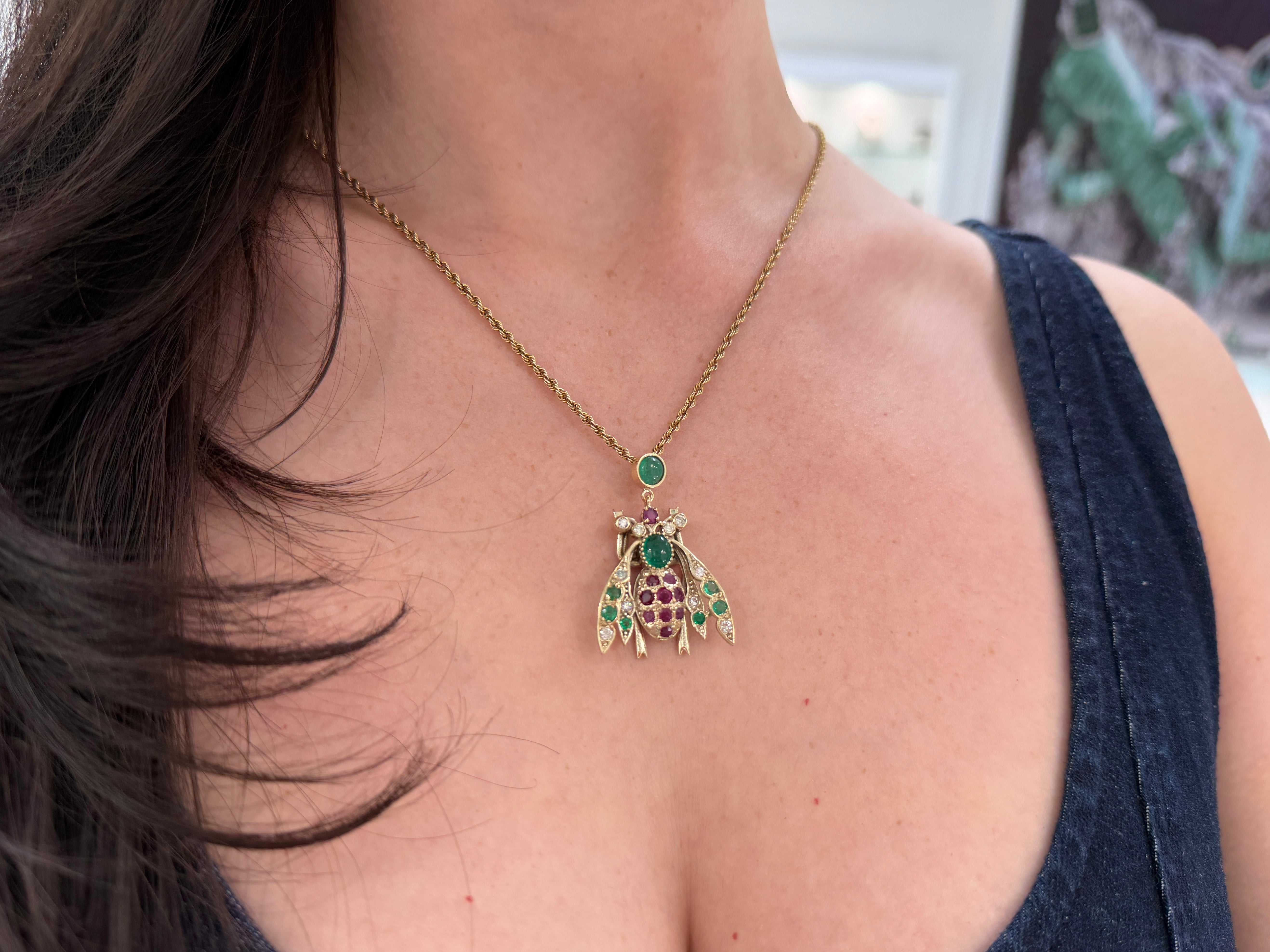 4.14tcw Emerald Ruby Diamond Bug Bee Insect Pendant 14K - Image 8