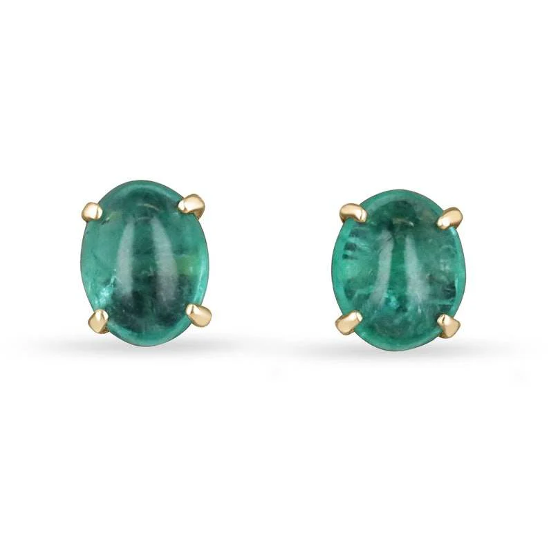 4.34tcw Oval Cut Cabochon Deep Bluish Green Natural Emerald Solitaire Stud Earrings 14K