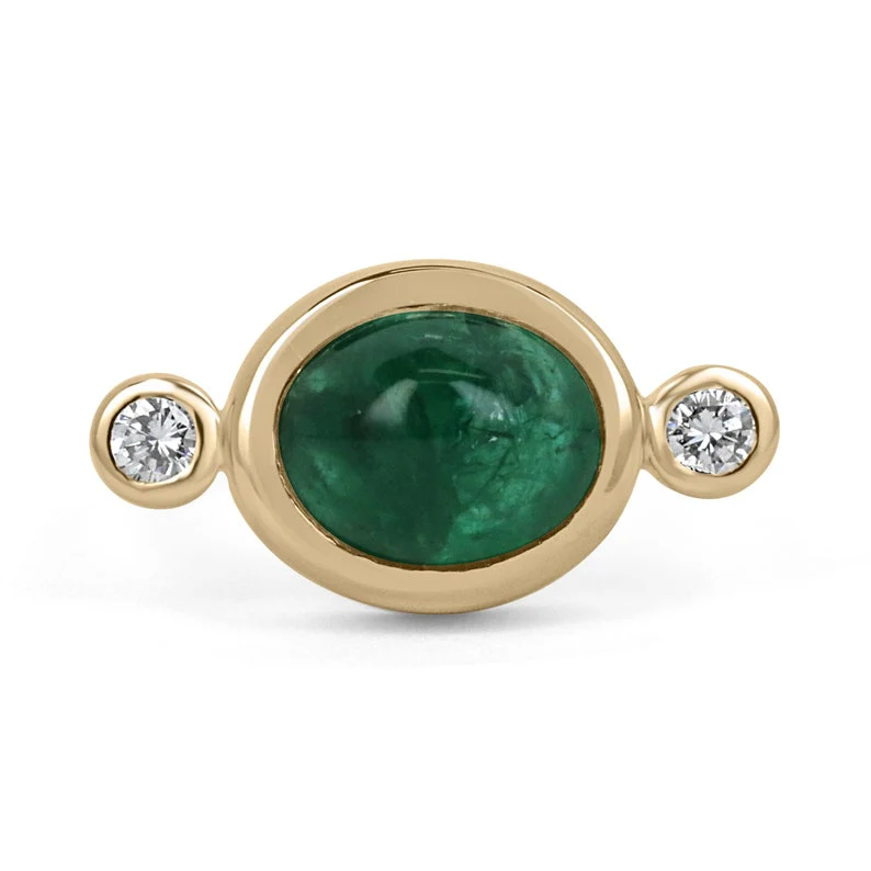 4.50tcw 14K Oval Shaped High Quality Dark Green Emerald Cabochon & Diamond Accent Three Stone Ring