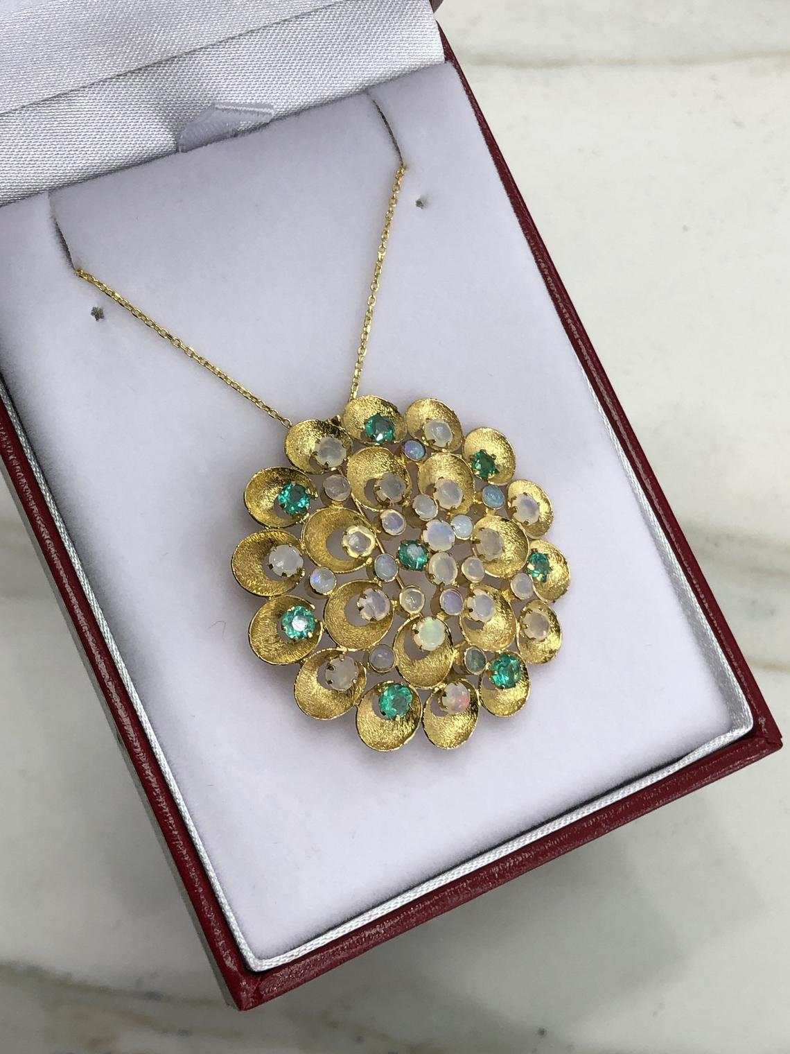4.50tcw Opal & Emerald Flower Pendant/Pin 14K - Image 3