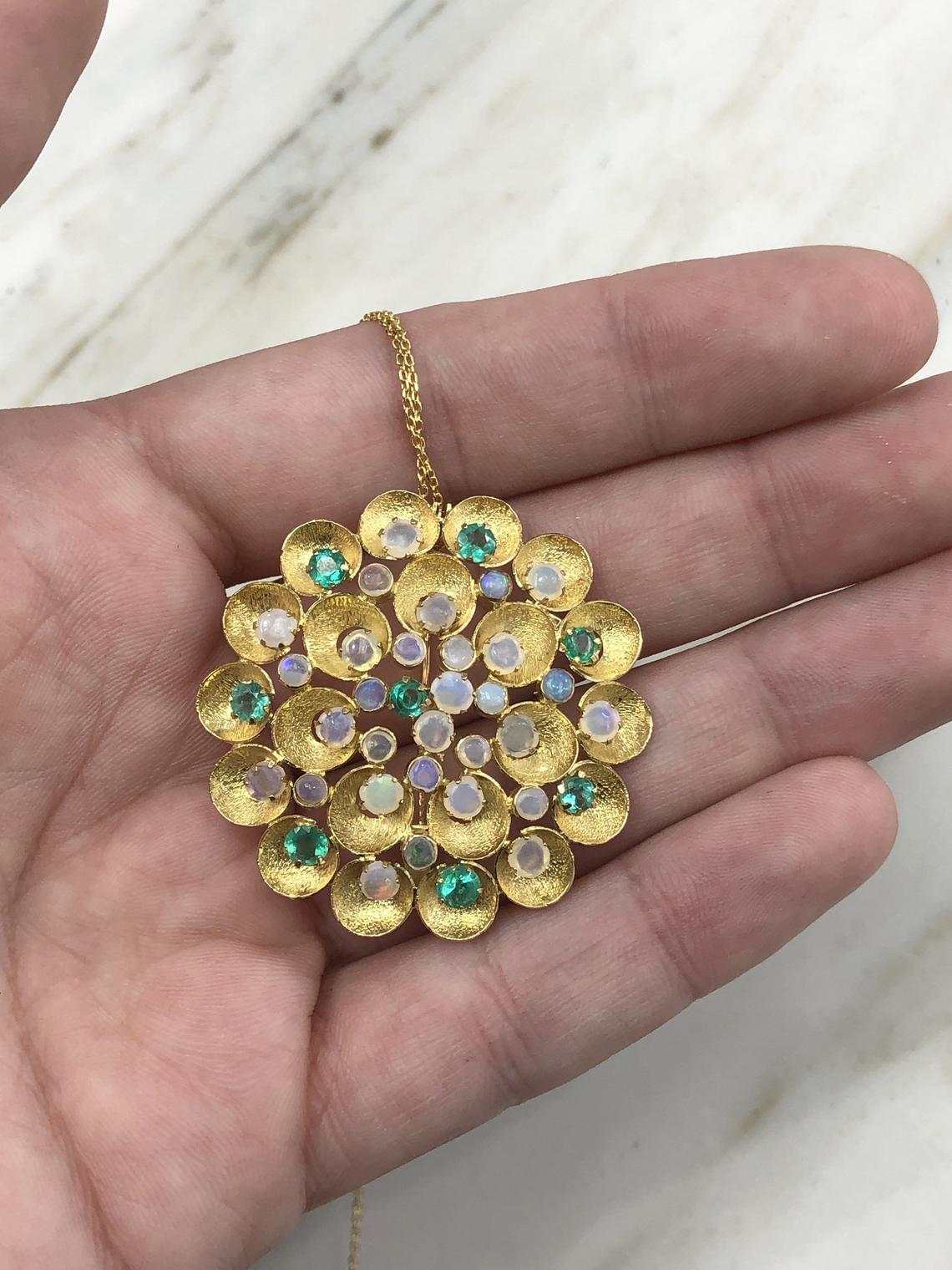 4.50tcw Opal & Emerald Flower Pendant/Pin 14K - Image 4