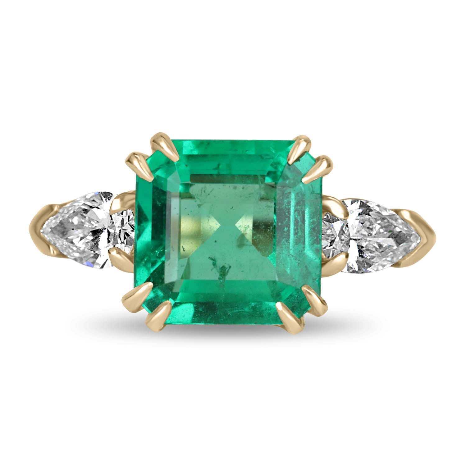 4.56tcw 18K GIA MINOR OIL Three Stone Emerald & Pear Diamond Ring