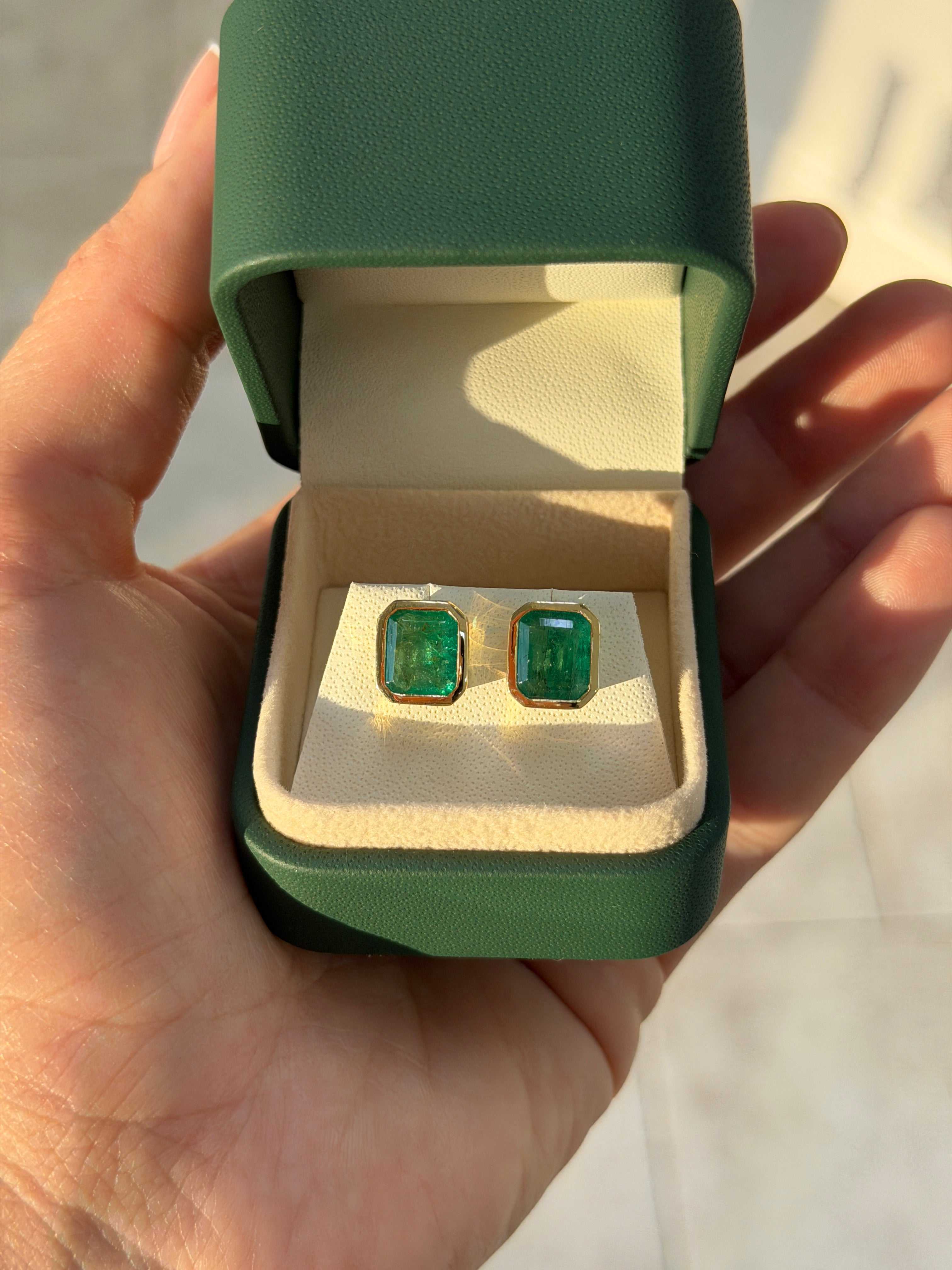4.56tcw Emerald Cut Emerald Bezel Studs 18K - Image 5