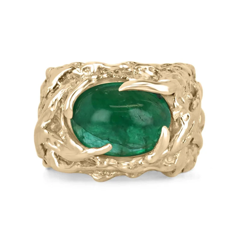 4.80ct 14K Gold Nugget Dark Vivid Unisex Cabochon Emerald Men's Pinky Ring