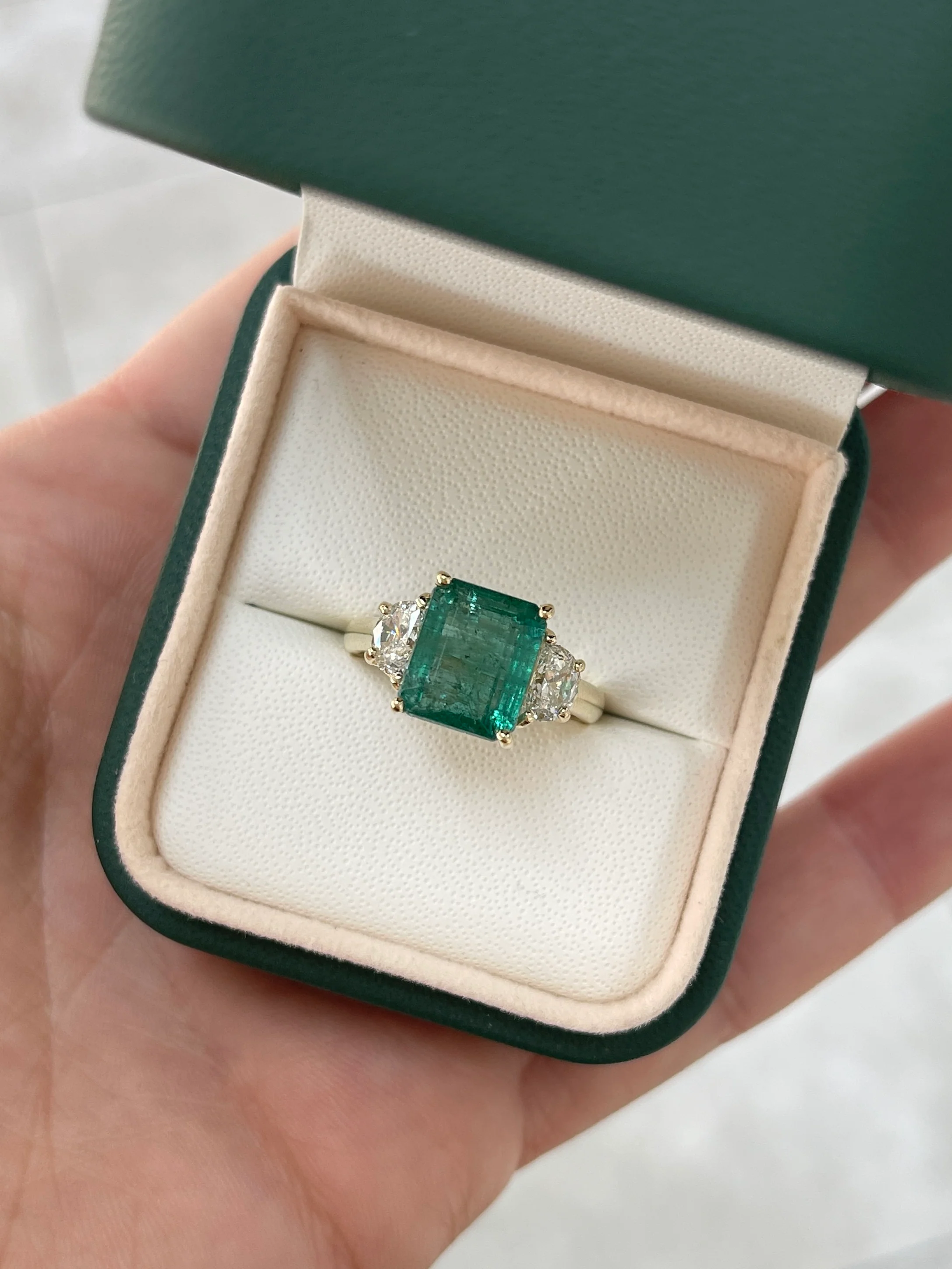 4.88tcw Natural Emerald & Lab Half Moon Diamond 14K Three Stone Ring - Image 8
