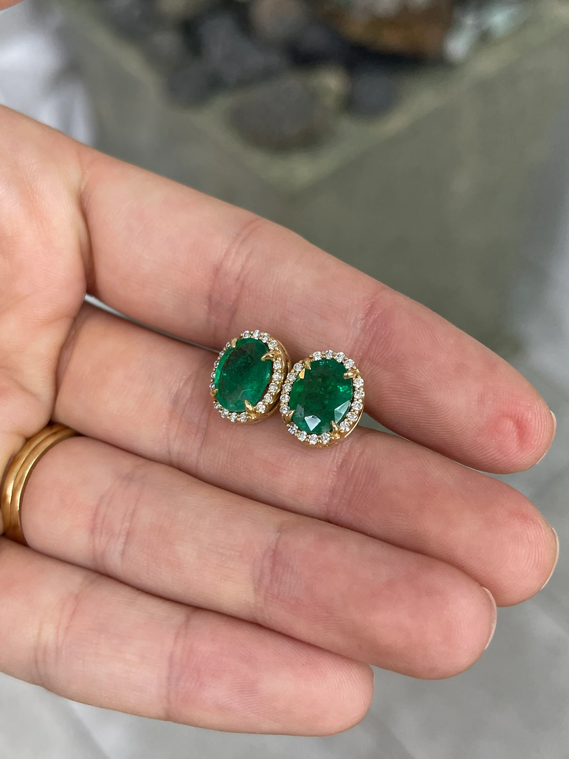 5.15tcw Oval Cut Natural Emerald & Diamond Halo Studs 14K - Image 8