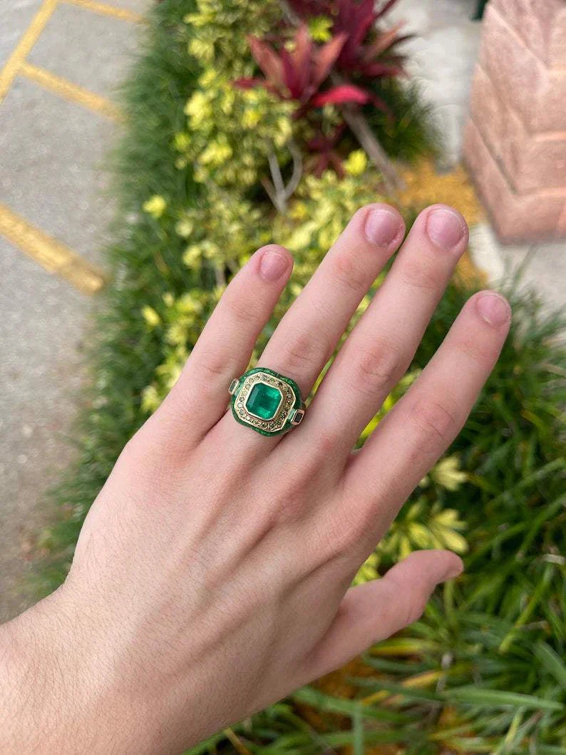 5.30tcw Colombian Emerald & Diamond Men's Enamel Ring 14K - Image 3
