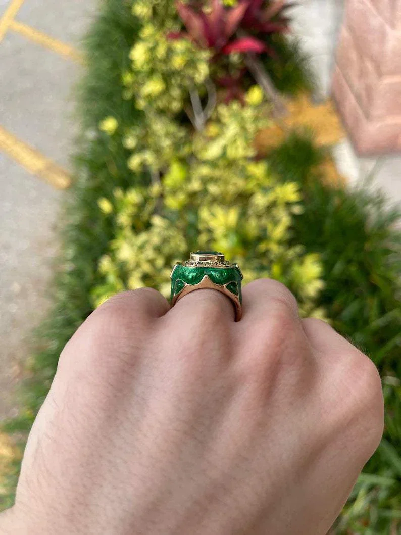 5.30tcw Colombian Emerald & Diamond Men's Enamel Ring 14K - Image 4