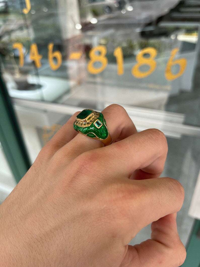 5.30tcw Colombian Emerald & Diamond Men's Enamel Ring 14K - Image 5