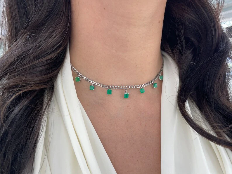 5.52tcw 14K White Gold Chain Fringe Emerald Asscher Cut Multi-Gemstone By the Yard Necklace - Image 8